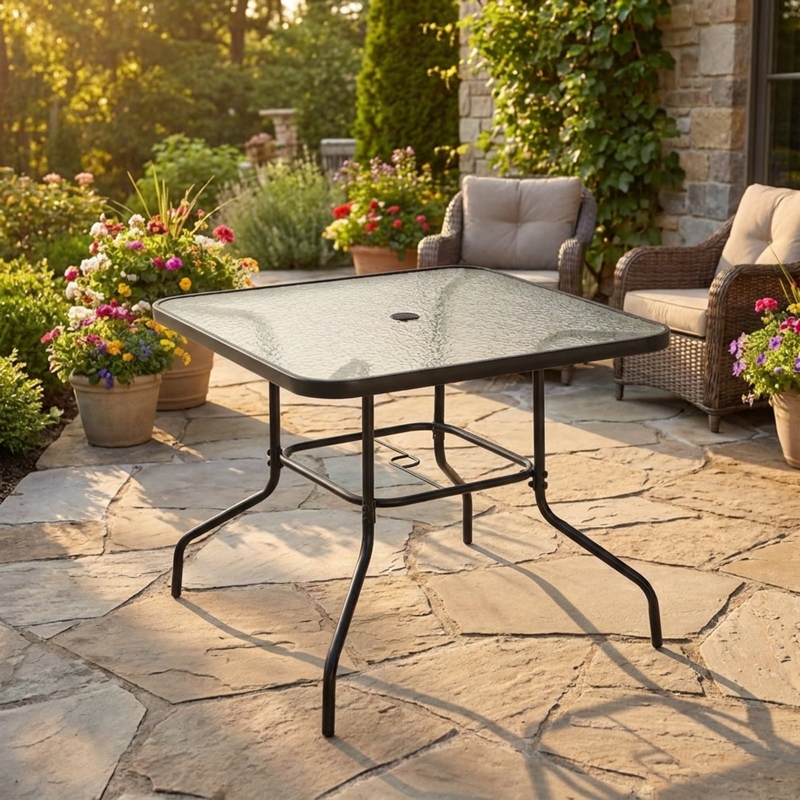 Biotree 34 Inch Outdoor Dining Table Square Tempered Glass Table with 1.5 Inch Umbrella Hole, Gray