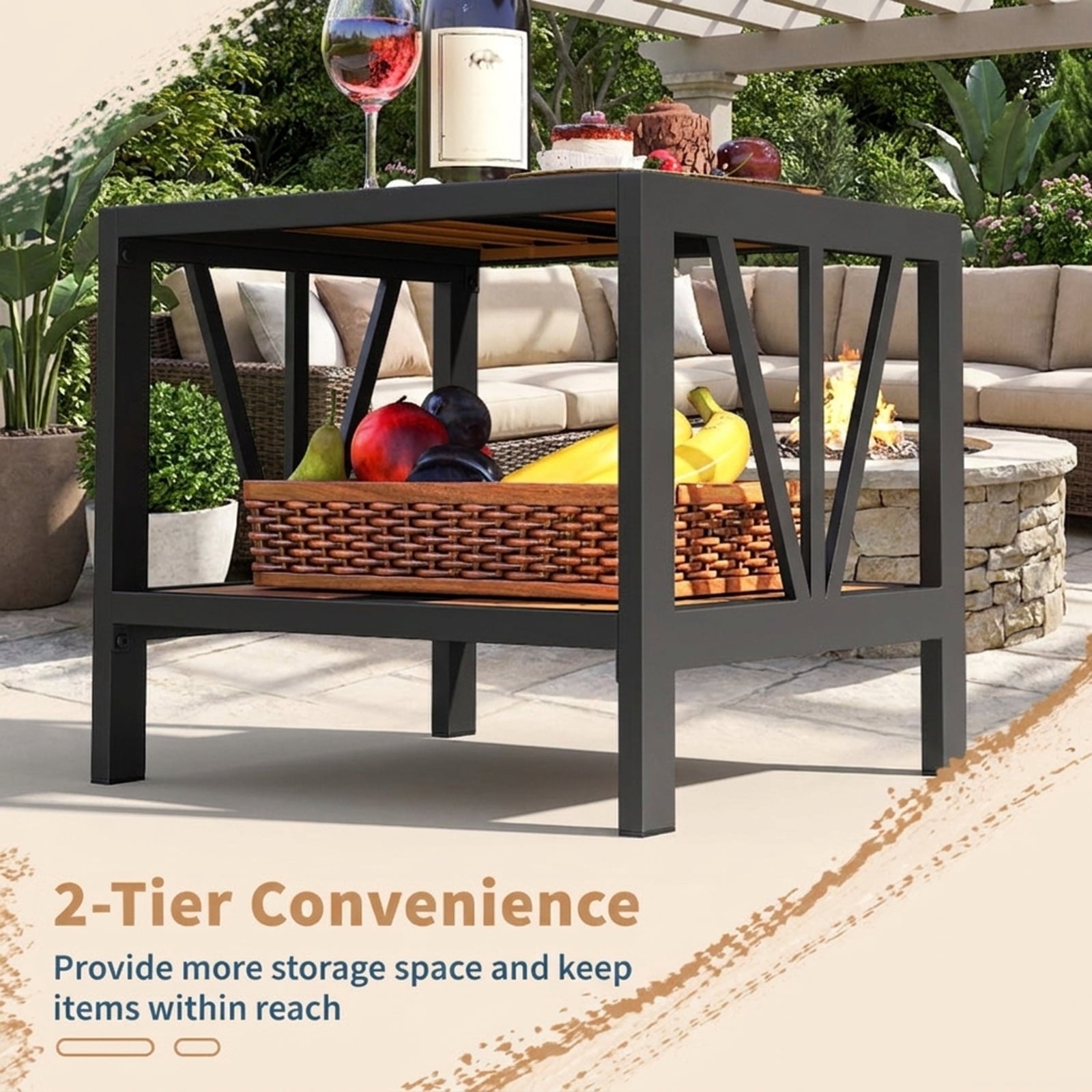 Biotree Outdoor Side Table with Umbrella Hole and Storage Shelf for Porch, Black