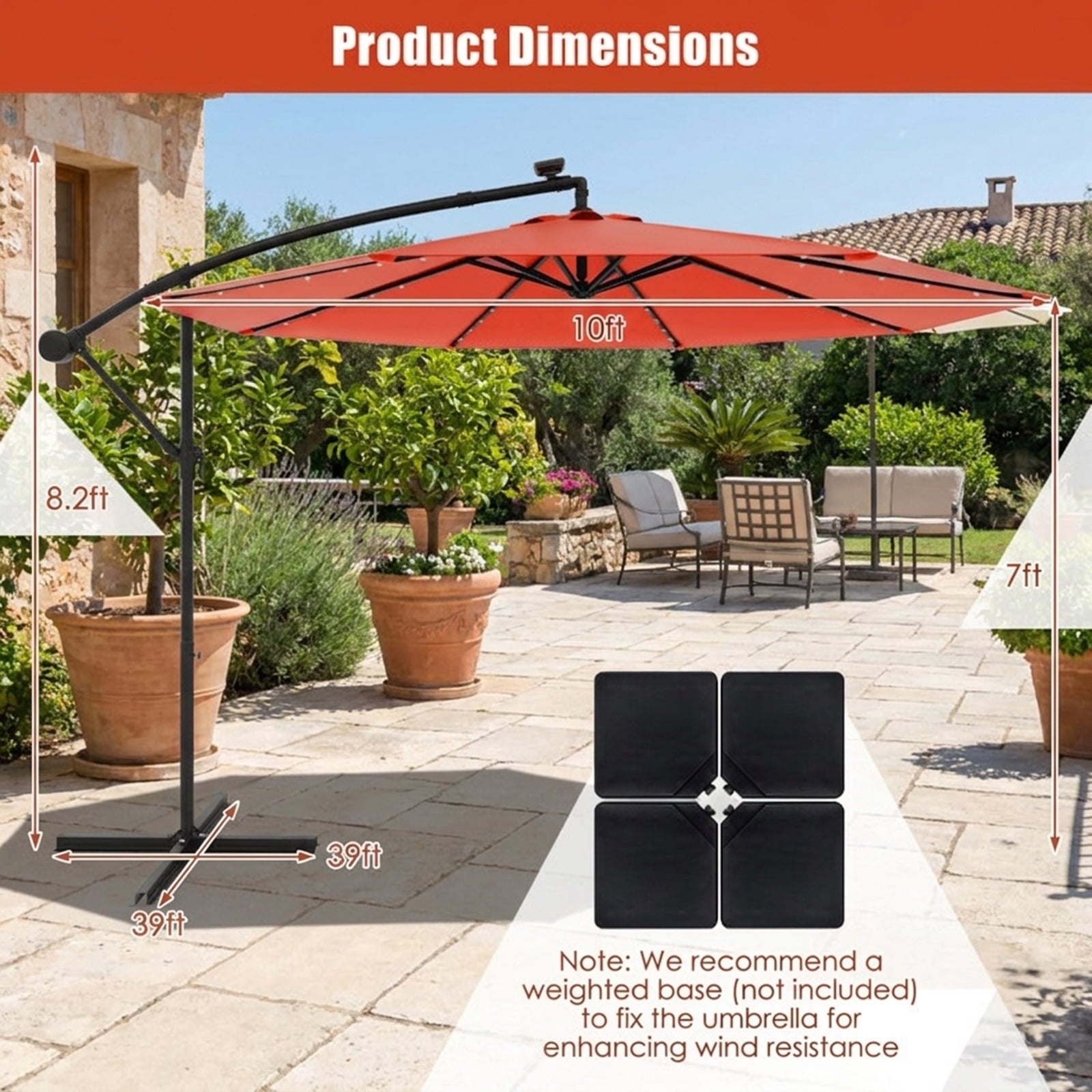 Biotree 10 ft Cantilever Offset Patio Umbrella Solar Powered Outdoor Shade - Orange - UV Protection with Cross Base