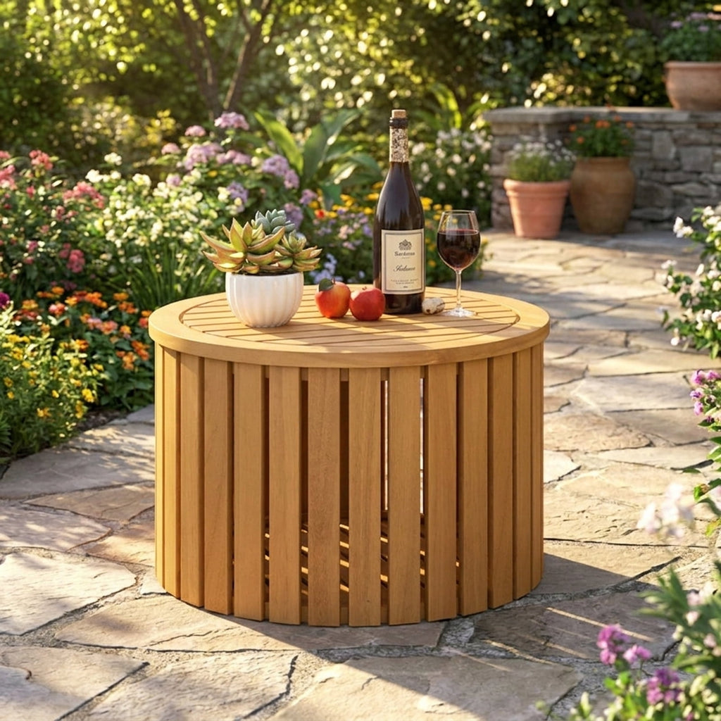 Biotree 2-in-1 Outdoor Side Table with Storage Acacia Wood Slatted Coffee Table Round Slatted End Storage Box with 2.3" Umbrella Hole, Natural