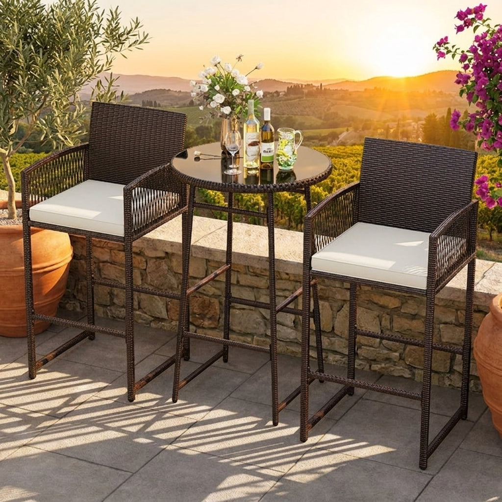 Biotree 3-Piece Patio Bar Set with Round Glass Table and Rattan Armchairs, White - Outdoor Patio Bar Height Furniture Set for Deck Garden