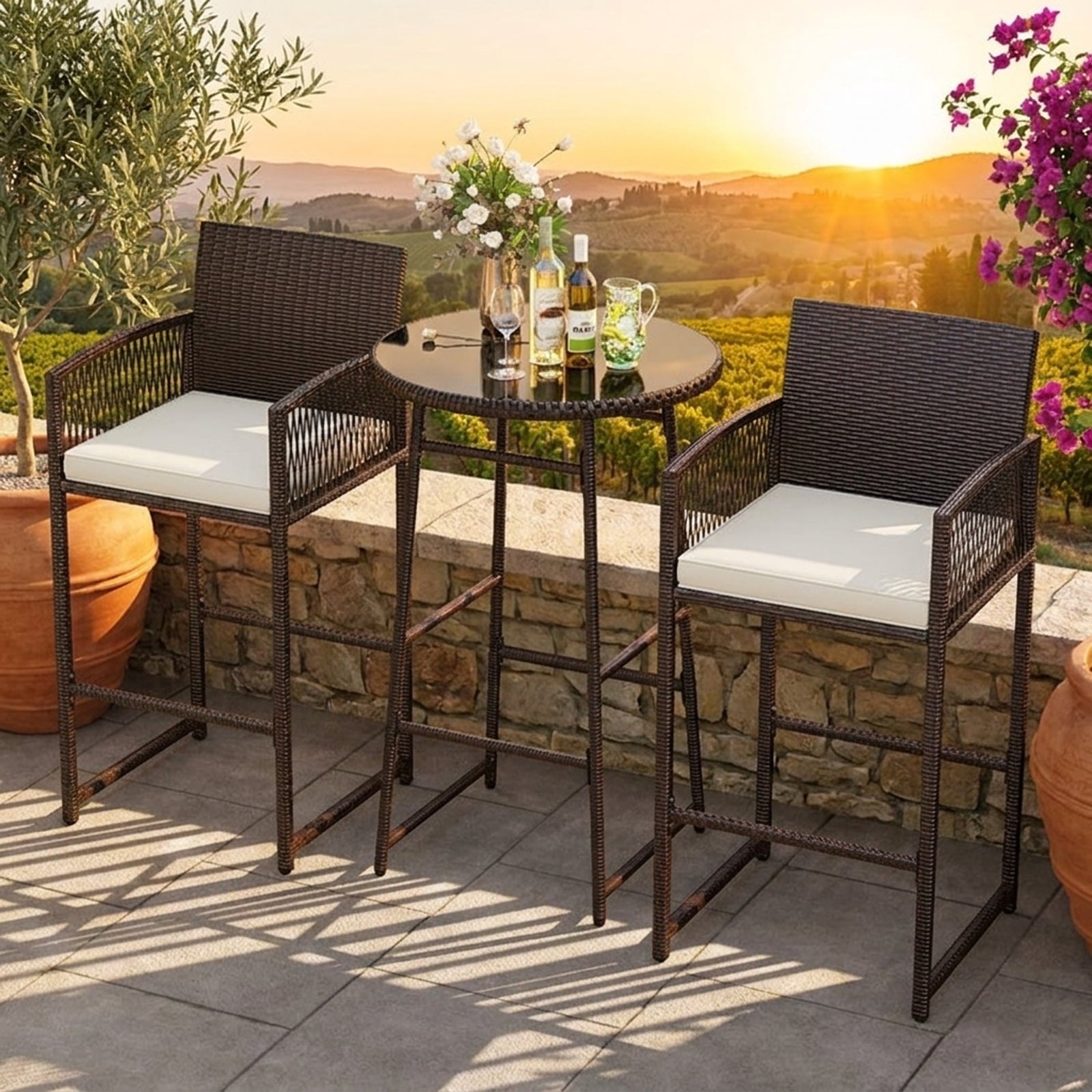 Biotree 3-Piece Patio Bar Set with Round Glass Table and Rattan Armchairs, White - Outdoor Patio Bar Height Furniture Set for Deck Garden