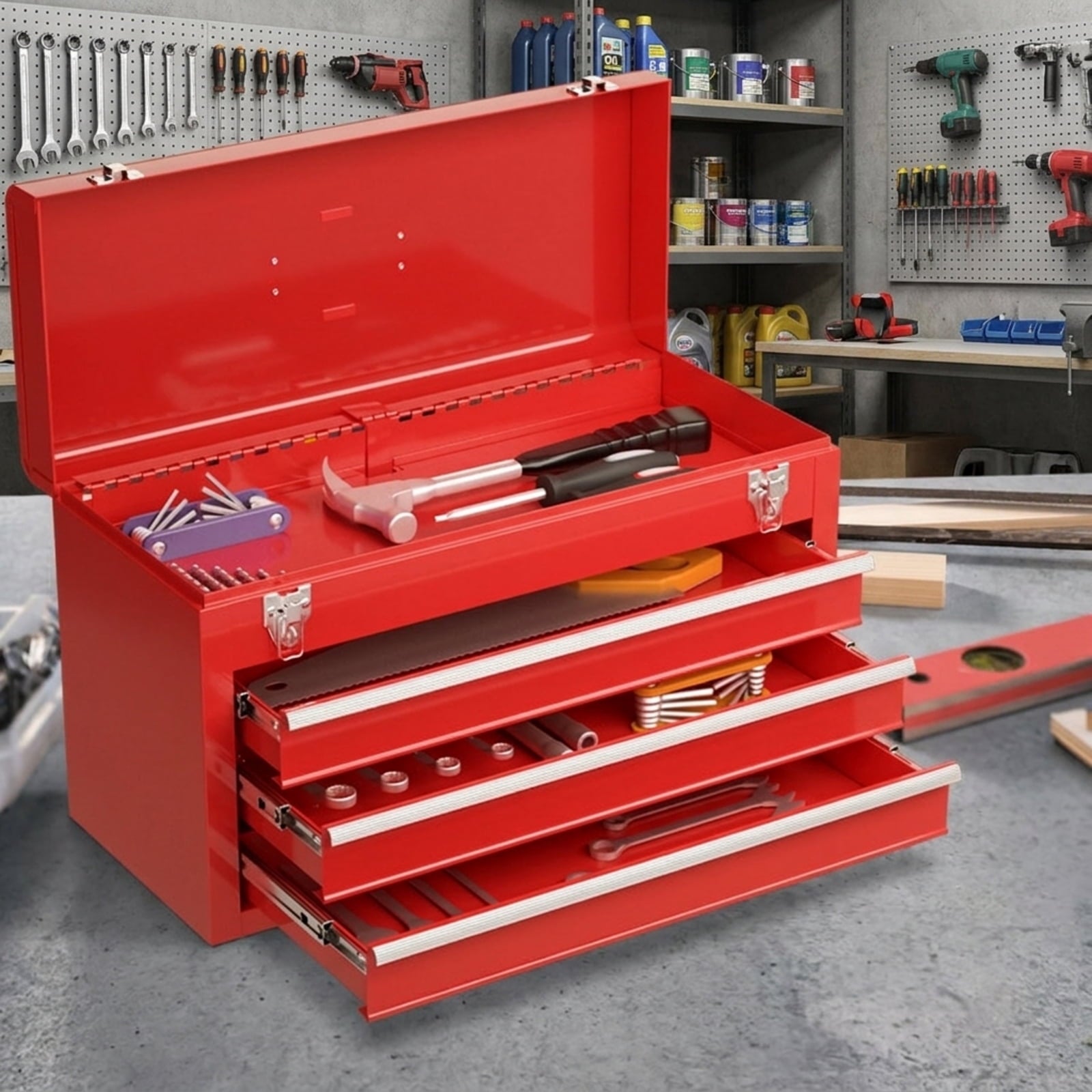 Biotree Portable Garage Mechanic Tool Cabinet Box with 3 Drawers Outdoor Waterproof for Patio Deck Garden Cushions, Red