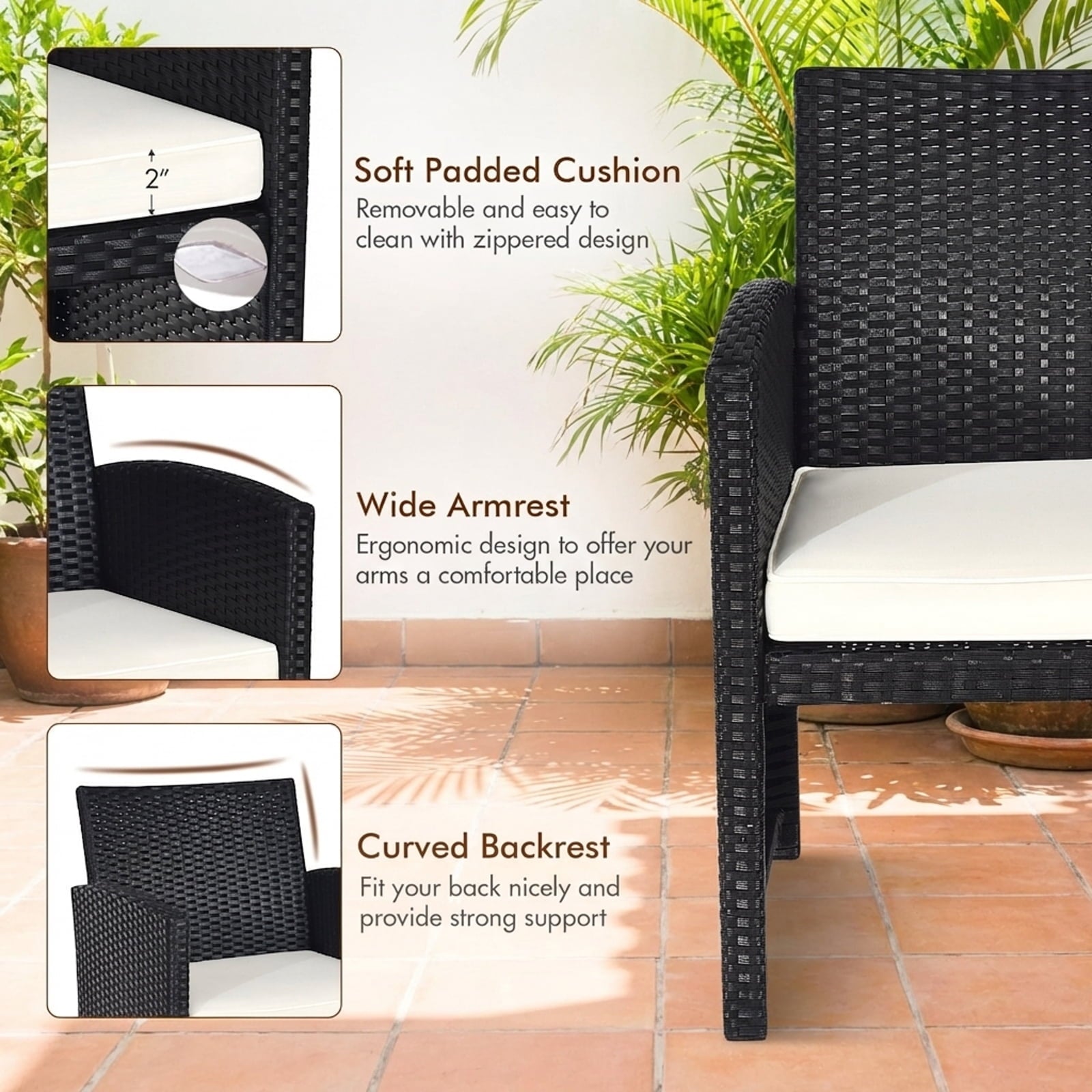Biotree 4-Piece Patio Rattan Set with Cushions and Glass Table-White