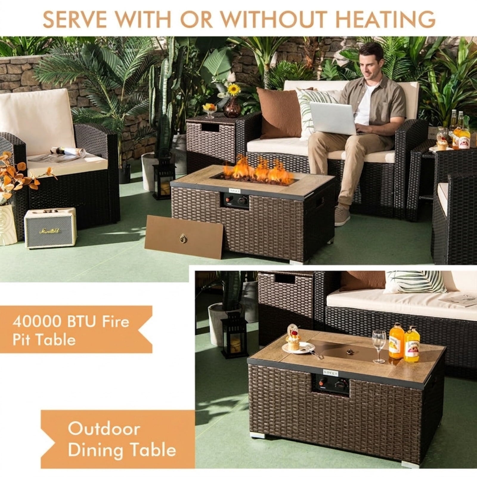 Biotree 32 x 20 Inch Propane Rattan Fire Pit Table Set with Side Table Tank and Cover for Outdoor Patio Backyard Garden Camping, Brown