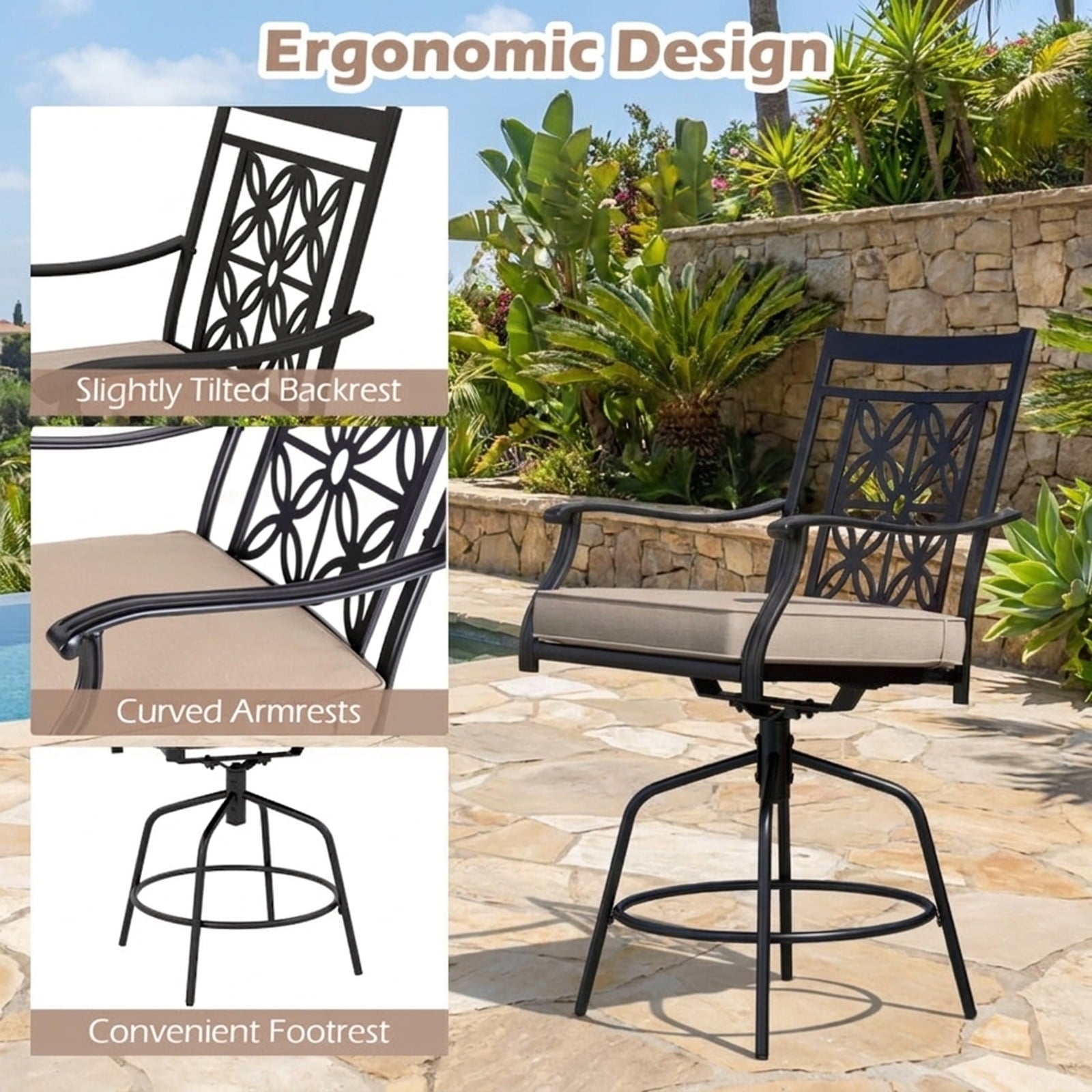 Biotree Set of 2 Outdoor Swivel Bar Stools with Cushioned Seats and Armrests, Brown - Outdoor Patio Bar Height Chair with Footrest