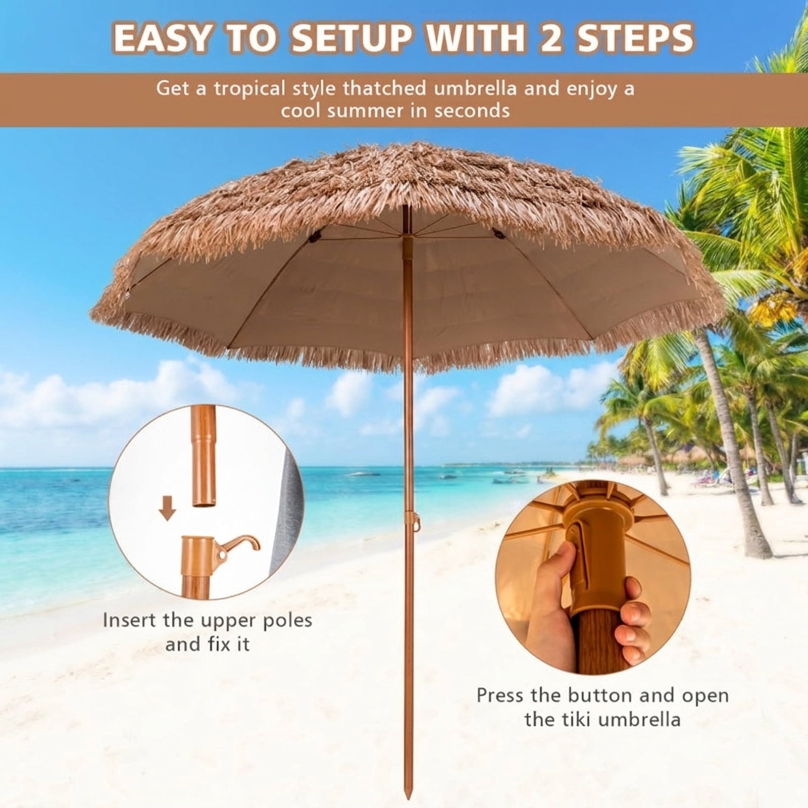 Biotree 8 ft Thatched Tiki Patio Umbrella Crank Tilt Outdoor Shade - Natural - UV Protection with Cross Base
