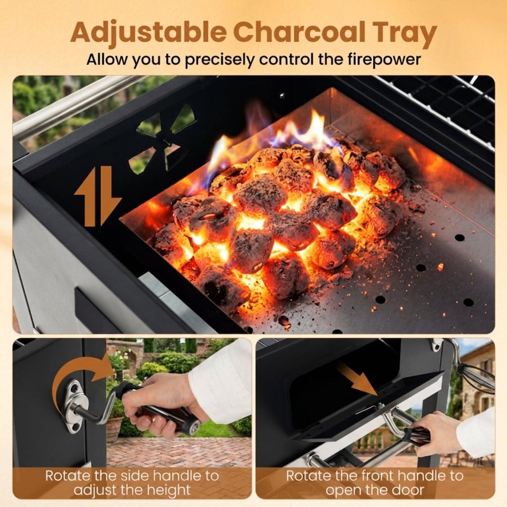 Biotree Portable Outdoor Charcoal BBQ Grill with Adjustable Charcoal Tray, Charcoal Grill on Wheels with Warming Rack, BBQ Smoker Cooker for Backyard Patio Camping Black