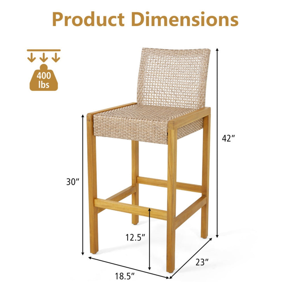 Biotree Set of 2 Rattan Patio Wood Barstools Dining Chairs with Backrest-Set of 2 Stackable Patio Chair for Garden BackyardLight Brown
