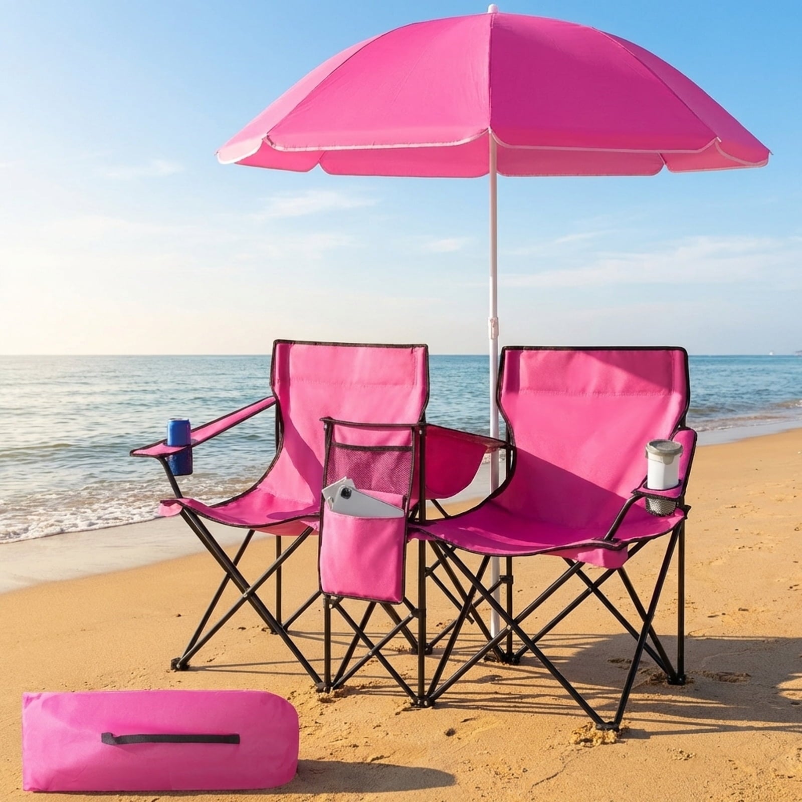 Biotree Double Camping Chair with Removable Umbrella Portable Folding Loveseat with Cooler Bag and Cup Holders for Beach Picnic, Pink