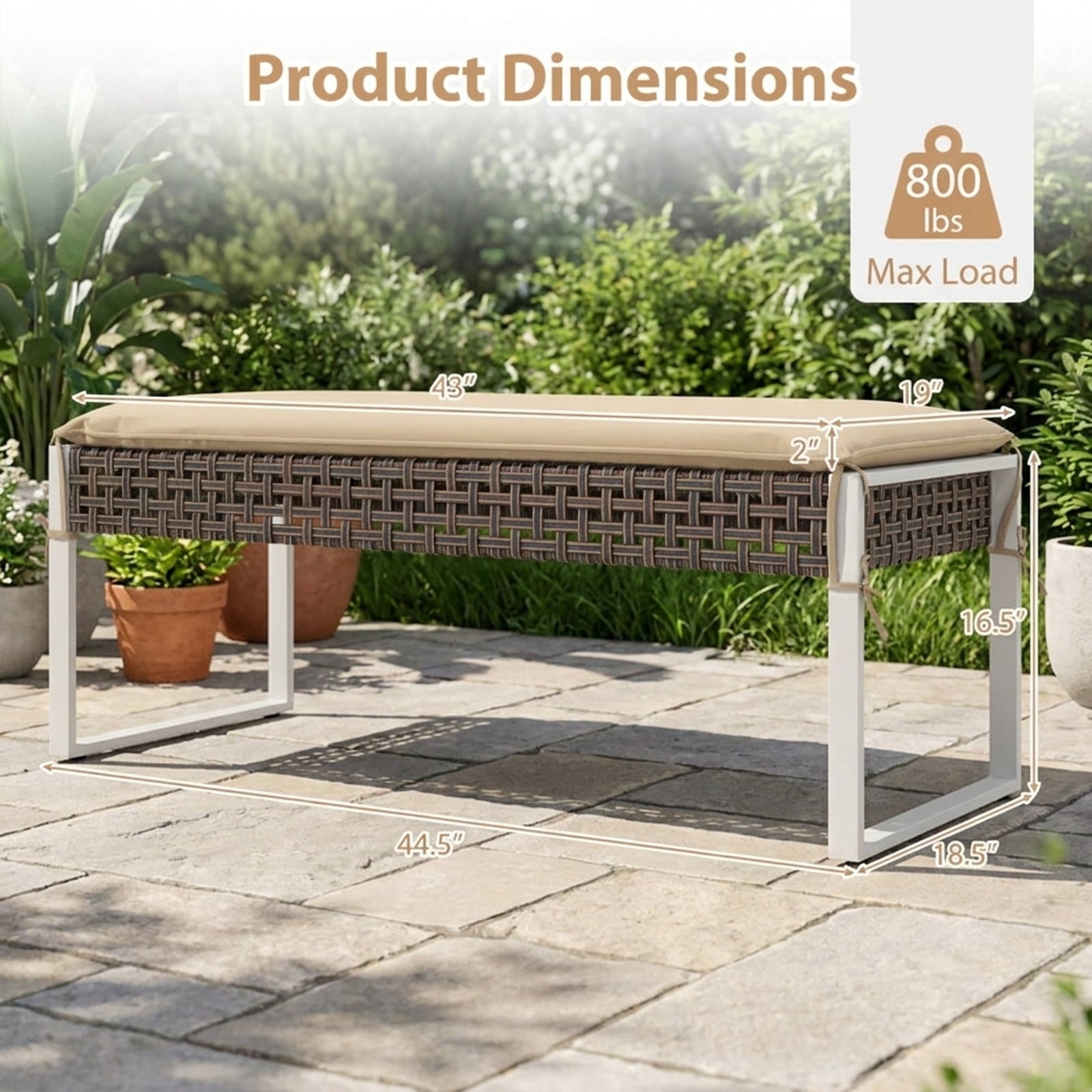 Biotree 43 Inch Patio Rectangle Ottoman with Metal Legs and Seat Cushion Stackable Patio Chair for Garden BackyardBeige