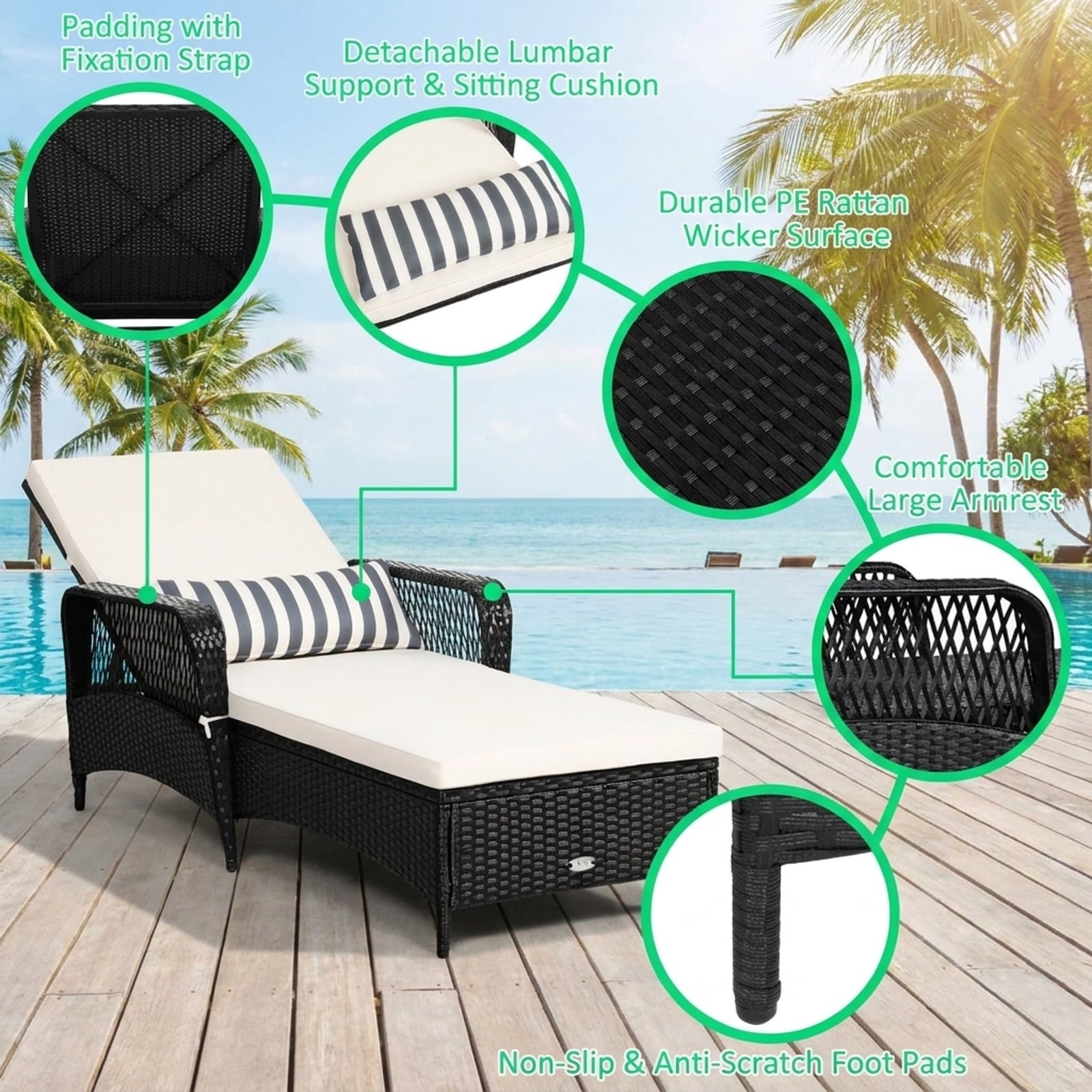 Biotree PE Rattan Chaise Lounge Chair Arm Chair Recliner Adjustable with Pillow Stackable Patio Chair for Garden BackyardBrown/Black