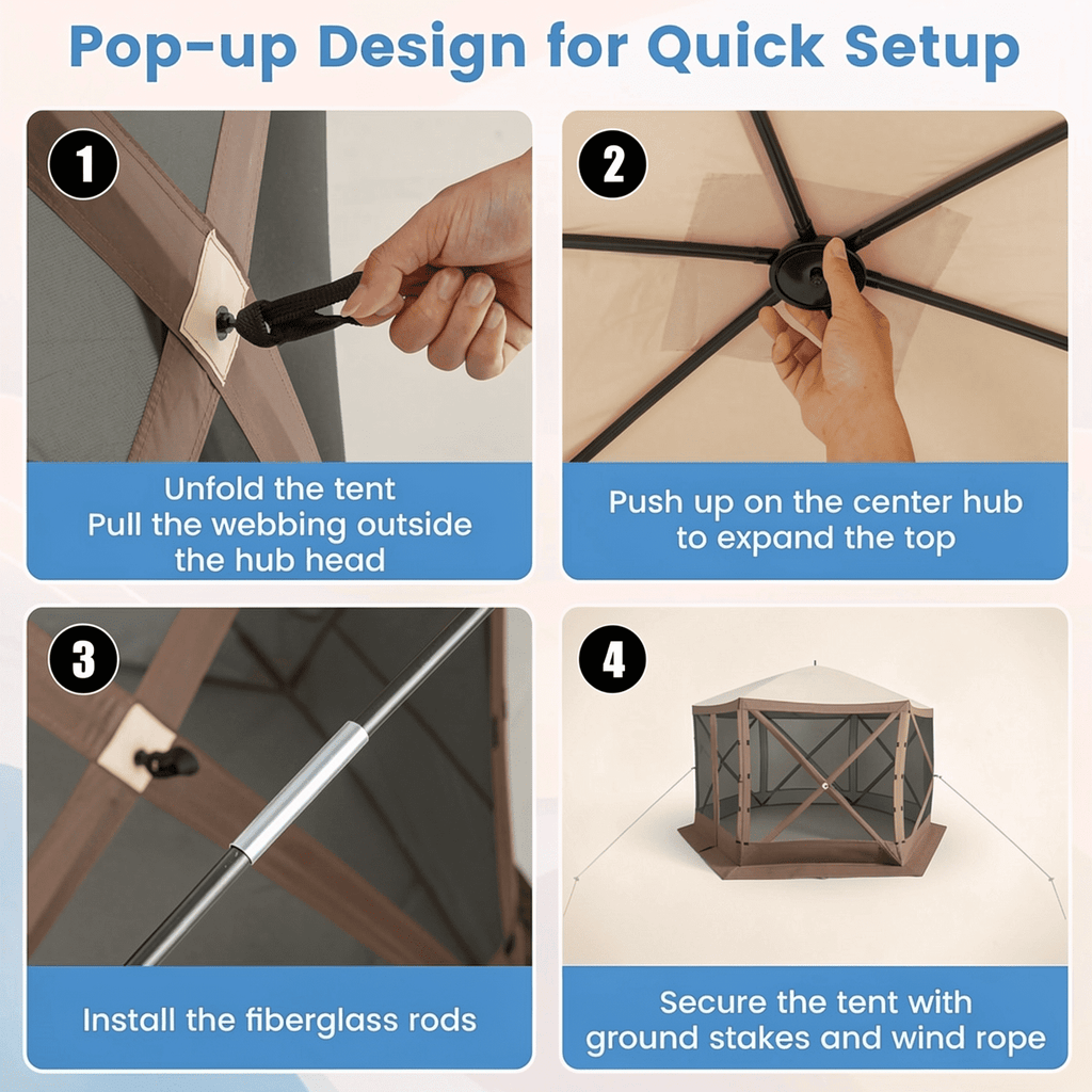 Biotree Pop-up Gazebo 6-sided Instant Setup Screen House Hub Tent with Mesh Netting Walls Brown - Outdoor Patio Backyard Garden Shade Canopy Shelter