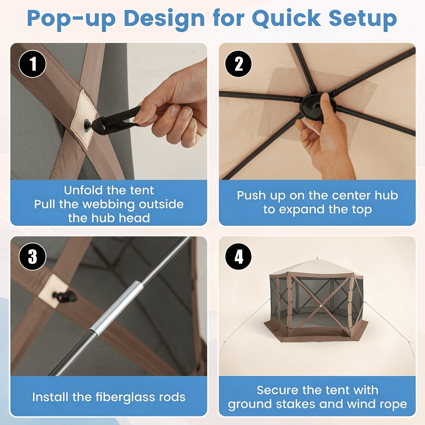 Biotree Pop-up Gazebo 6-sided Instant Setup Screen House Hub Tent with Mesh Netting Walls Brown - Outdoor Patio Backyard Garden Shade Canopy Shelter