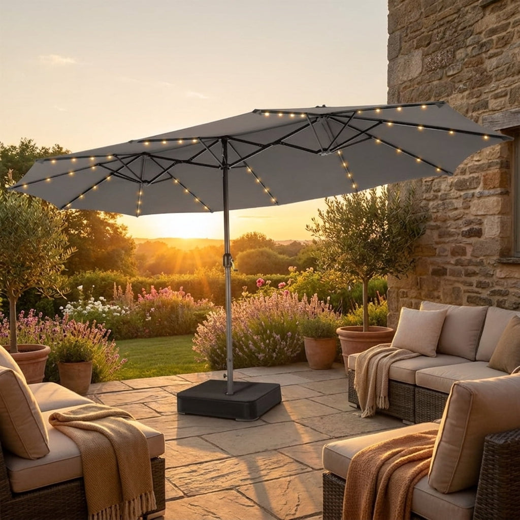 Biotree 15 ft Double-Sided Twin Patio Umbrella 48 LED Lights Outdoor Shade - Gray - UV Protection with Cross Base