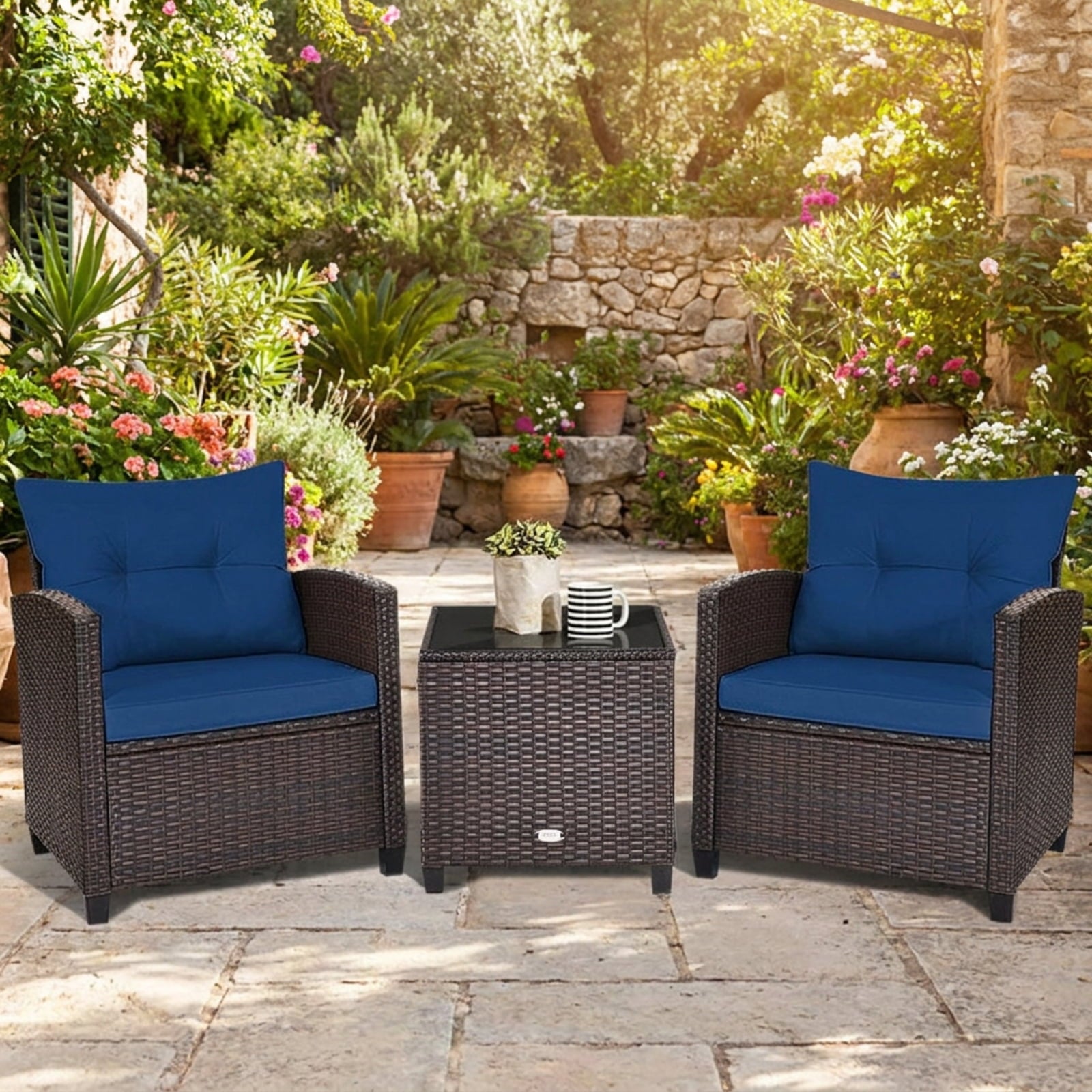 Biotree 3 Pcs Patio Rattan Furniture Set Cushioned Conversation Set Coffee Table Outdoor Conversation Set for Garden Backyard PorchNavy