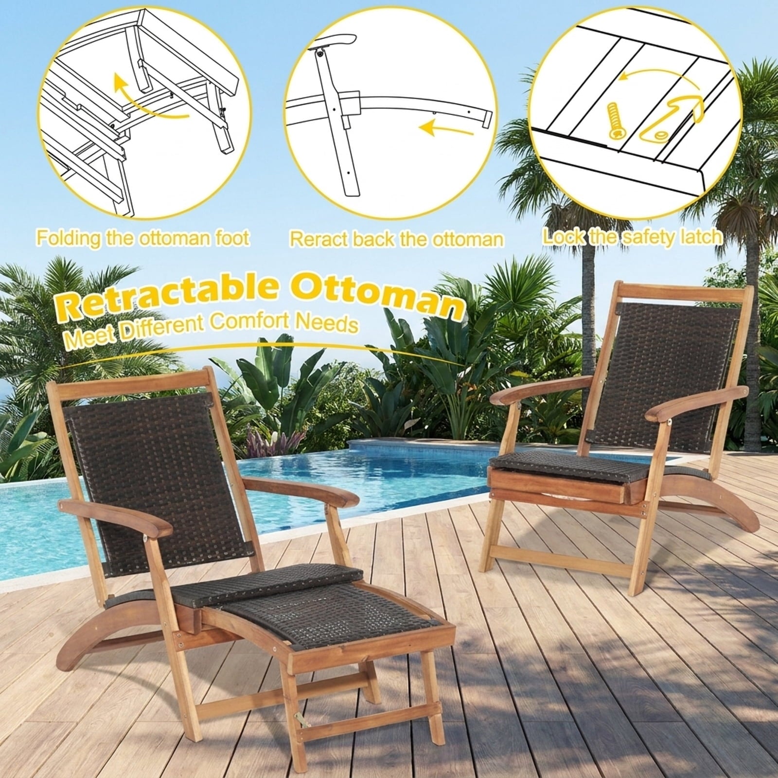 Biotree 2 Pieces Patio Rattan Folding Lounge Chair with Acacia Wood Table Stackable Patio Chair for Garden BackyardMix Brown