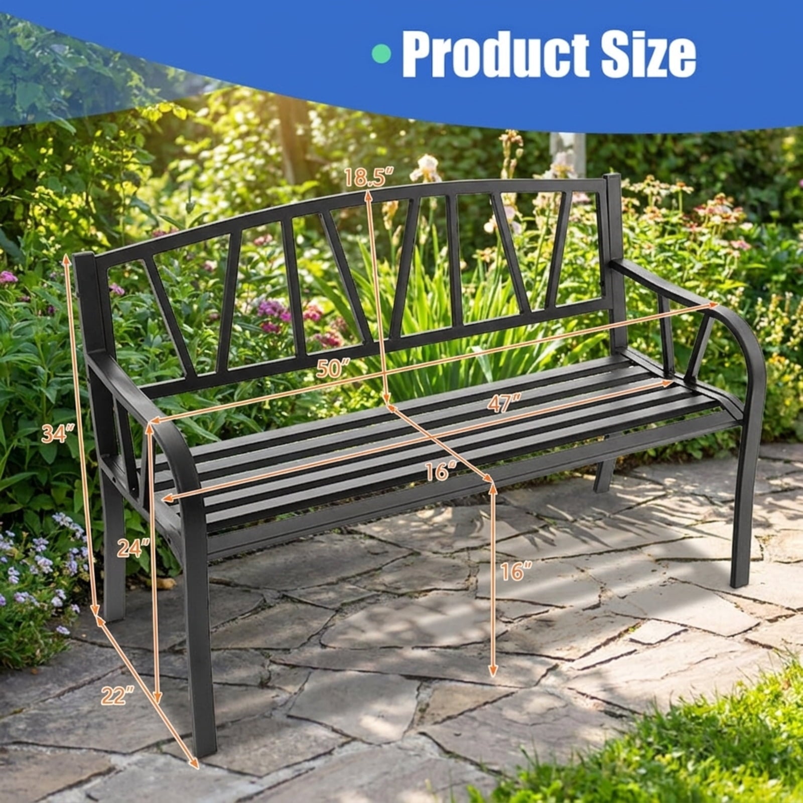 Biotree Patio Garden Bench with Metal Frame and Slatted Seat Stackable Patio Chair for Garden BackyardBlack