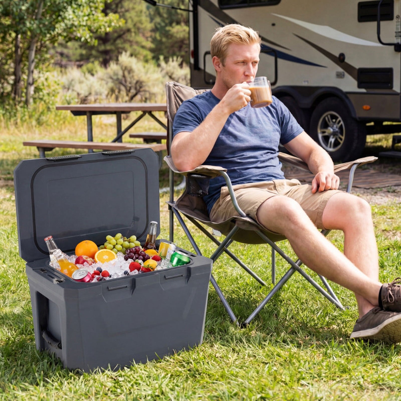 Biotree Insulated Portable Cooler Hard Shell Ice Chest with 2 Cup Holders Bottle Opener and Drain Plug, 37 Qt, Gray