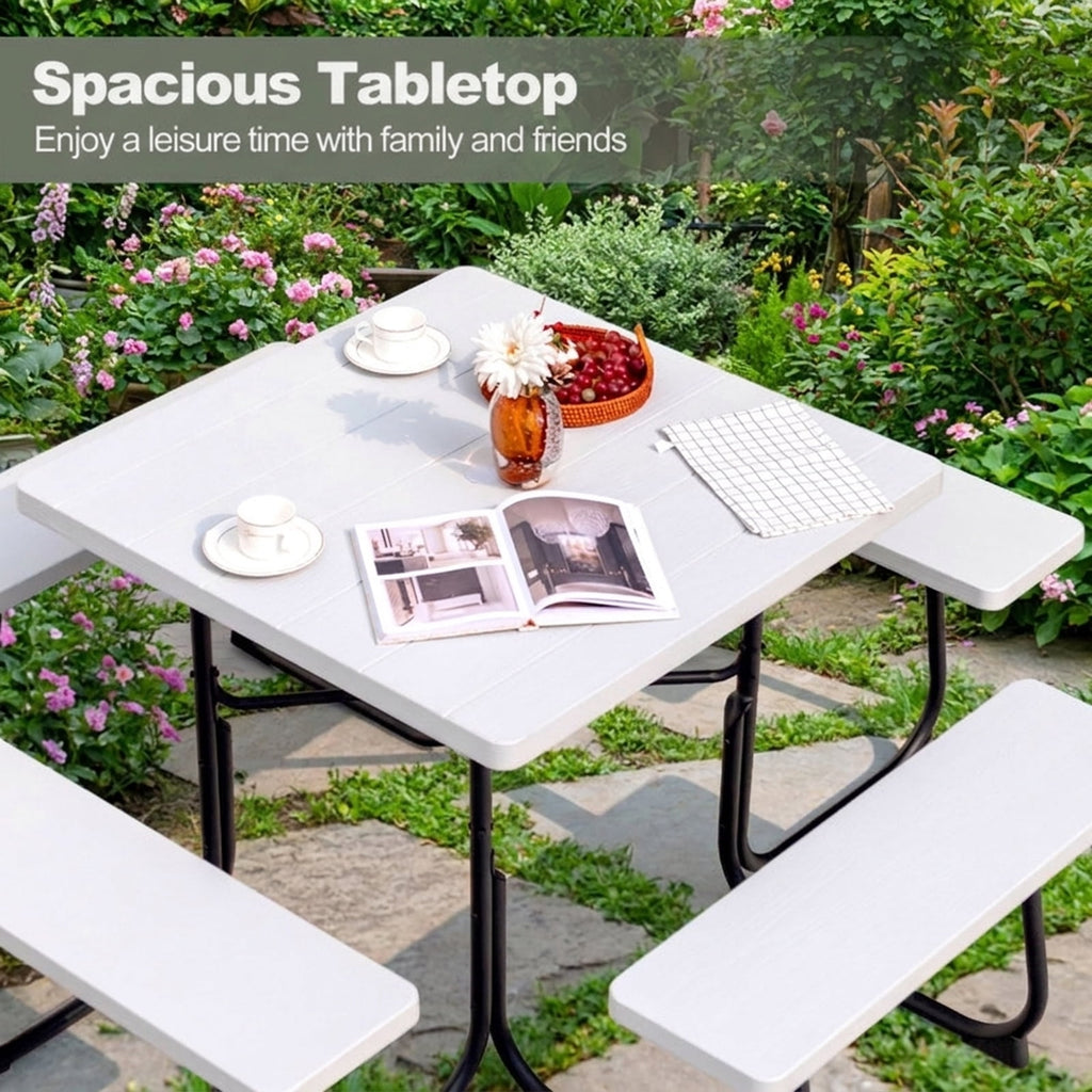 Biotree 67-Inch Outdoor Picnic Table with 4 Benches and Umbrella Hole, White