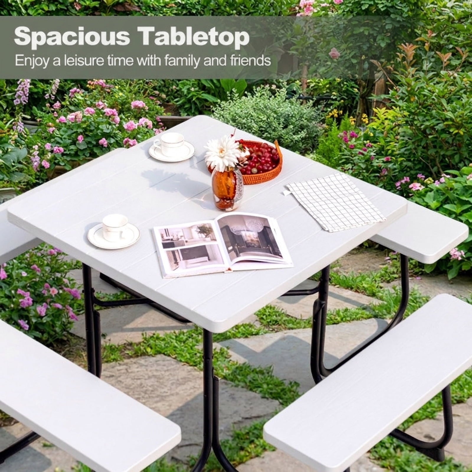Biotree 67-Inch Outdoor Picnic Table with 4 Benches and Umbrella Hole, White