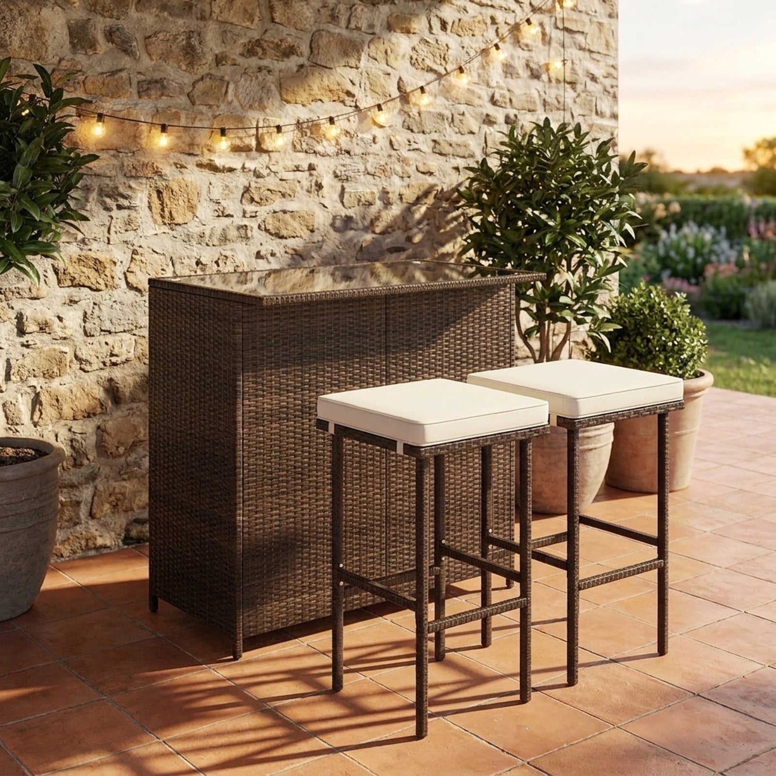Biotree 3-Piece Patio Rattan Bar Set with Glass Table and Cushioned Stools, White - Outdoor Patio Bar Height Furniture Set for Deck Garden