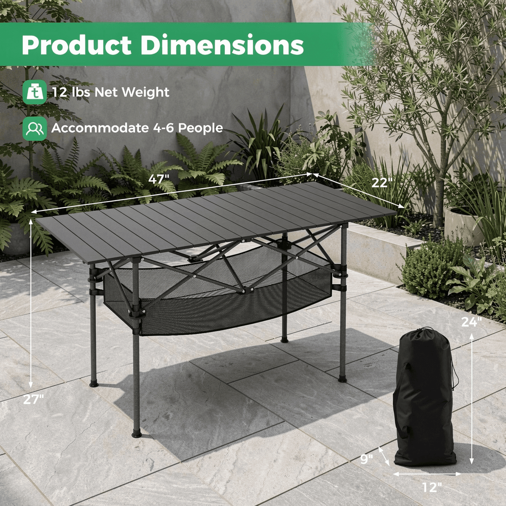 Biotree Patio Folding Camping Table with Roll-Up Tabletop and Mesh Basket Portable Outdoor Table with Storage, Black