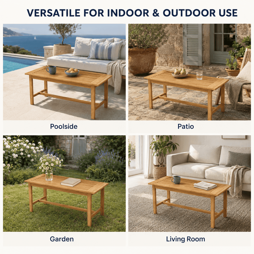 Biotree 36-Inch Rectangular Teak Wood Patio Coffee Table with Slatted Top, Reinforced Outdoor Side Table for Garden, Poolside and Balcony, Natural