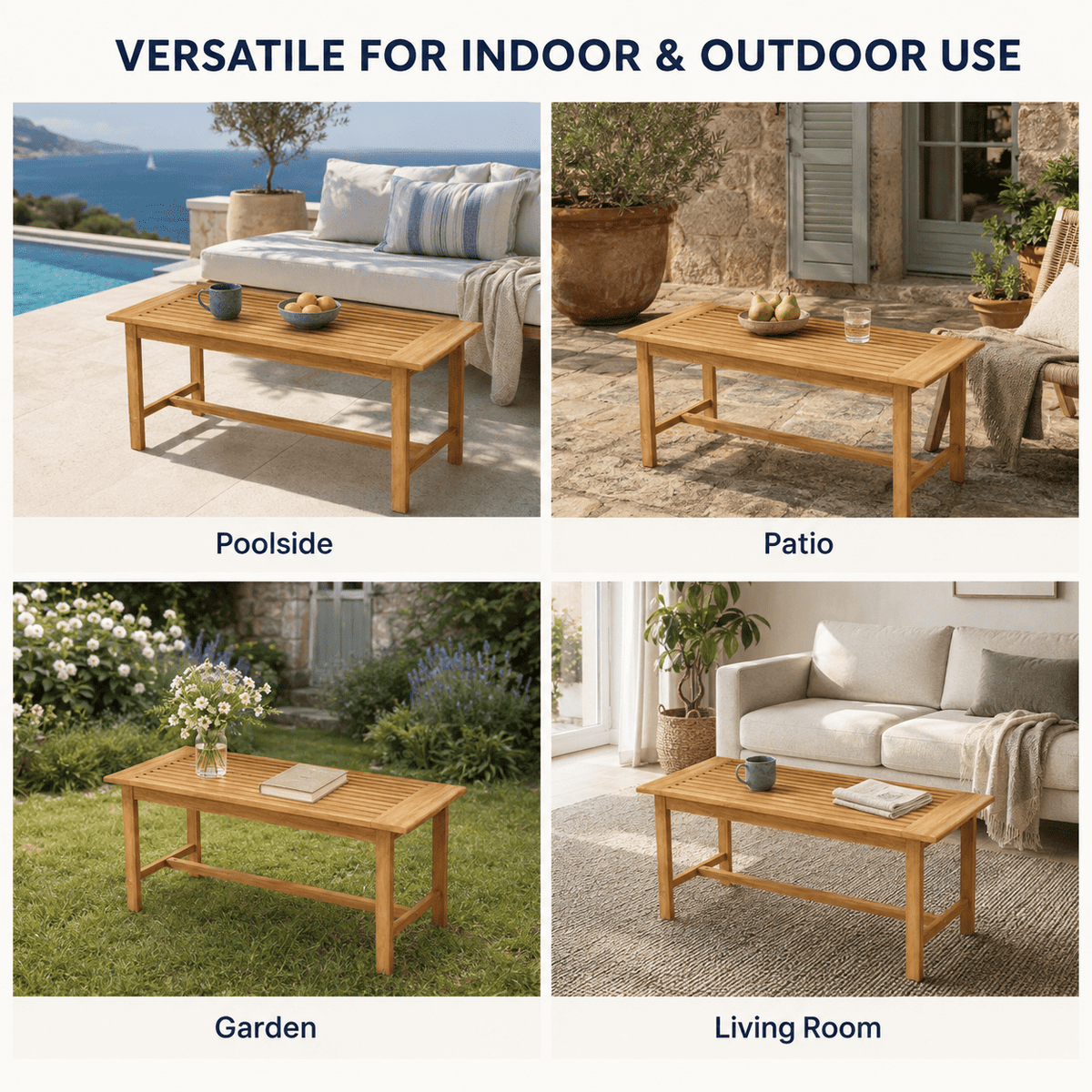 Biotree 36-Inch Rectangular Teak Wood Patio Coffee Table with Slatted Top, Reinforced Outdoor Side Table for Garden, Poolside and Balcony, Natural