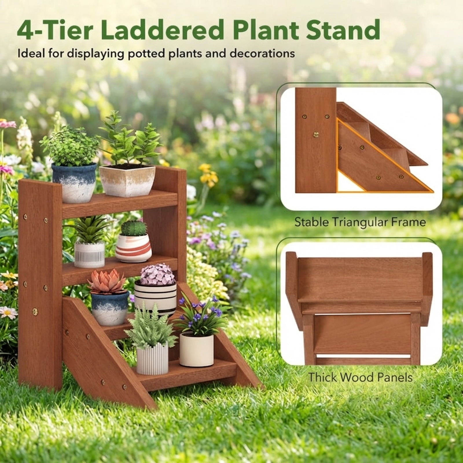 Biotree 4-Tier Solid Wood Plant Stand, Ladder Flower Shelf for Succulents and Small Pots, Waterproof Teak Oil Finish, Compact Indoor Outdoor Display Rack for Window Sill, Desktop and Balcony, Natural