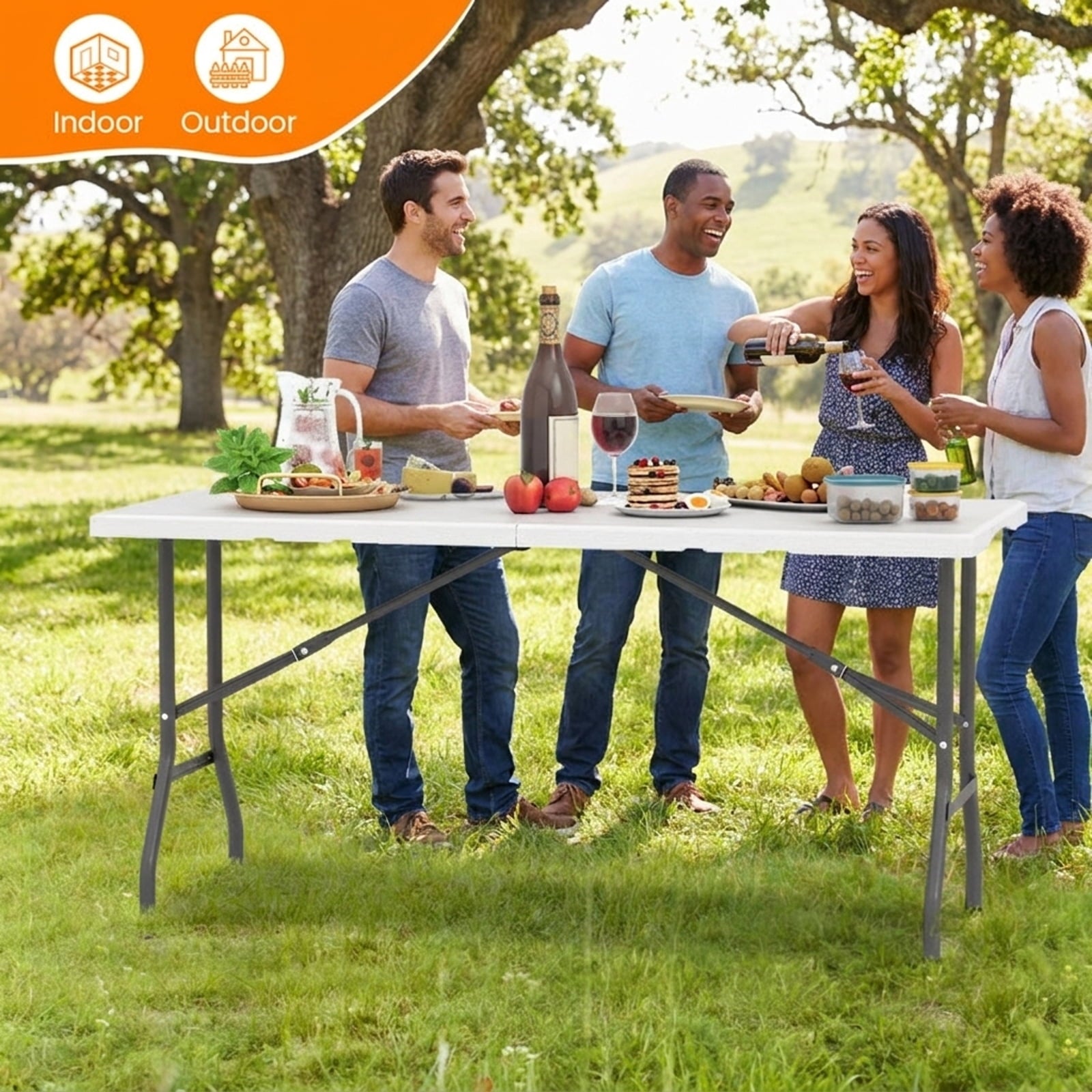 Biotree 5FT Folding Picnic Table with Wood Grain HDPE Tabletop and Non-slip Foot Pads-WH, White