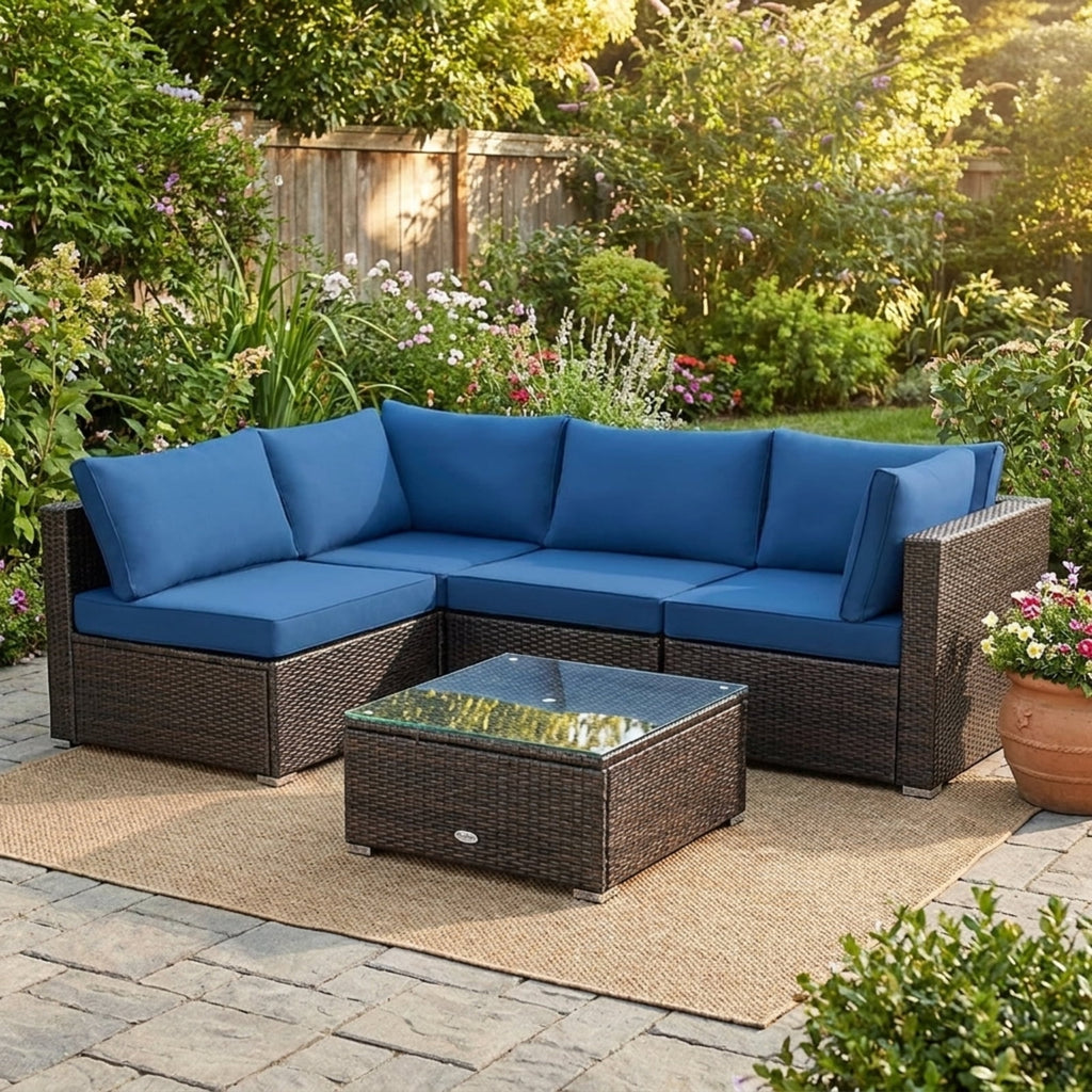 Biotree 5 Pieces Cushioned Patio Rattan Furniture Set with Glass Table Outdoor Conversation Set for Garden Backyard PorchNavy
