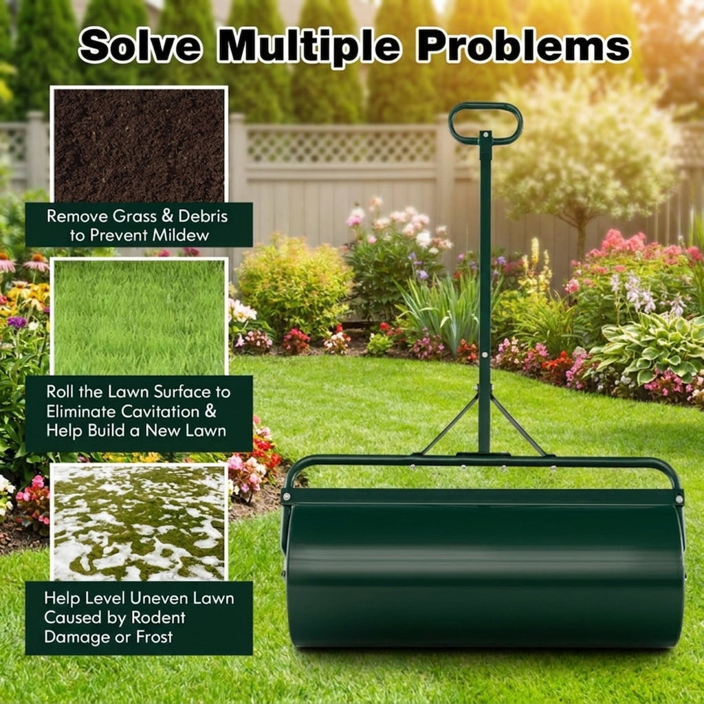 Biotree 39 Inch Wide Push/Tow Lawn Roller for Lawn Garden Yard Soil Care, Green