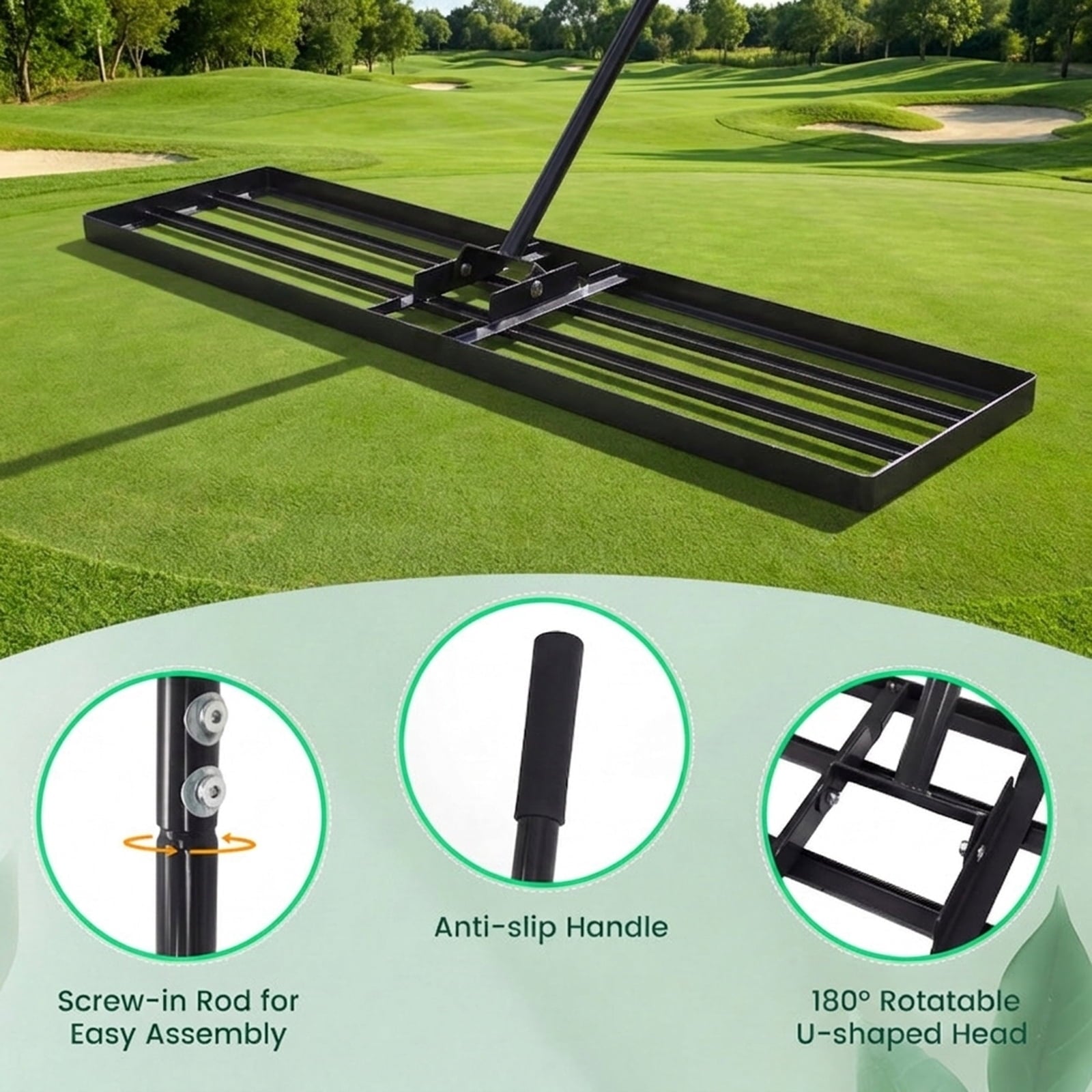 Biotree 42 x 10 Inch Lawn Leveling Rake with Ergonomic Handle for Lawn Garden Yard Soil Care, Black