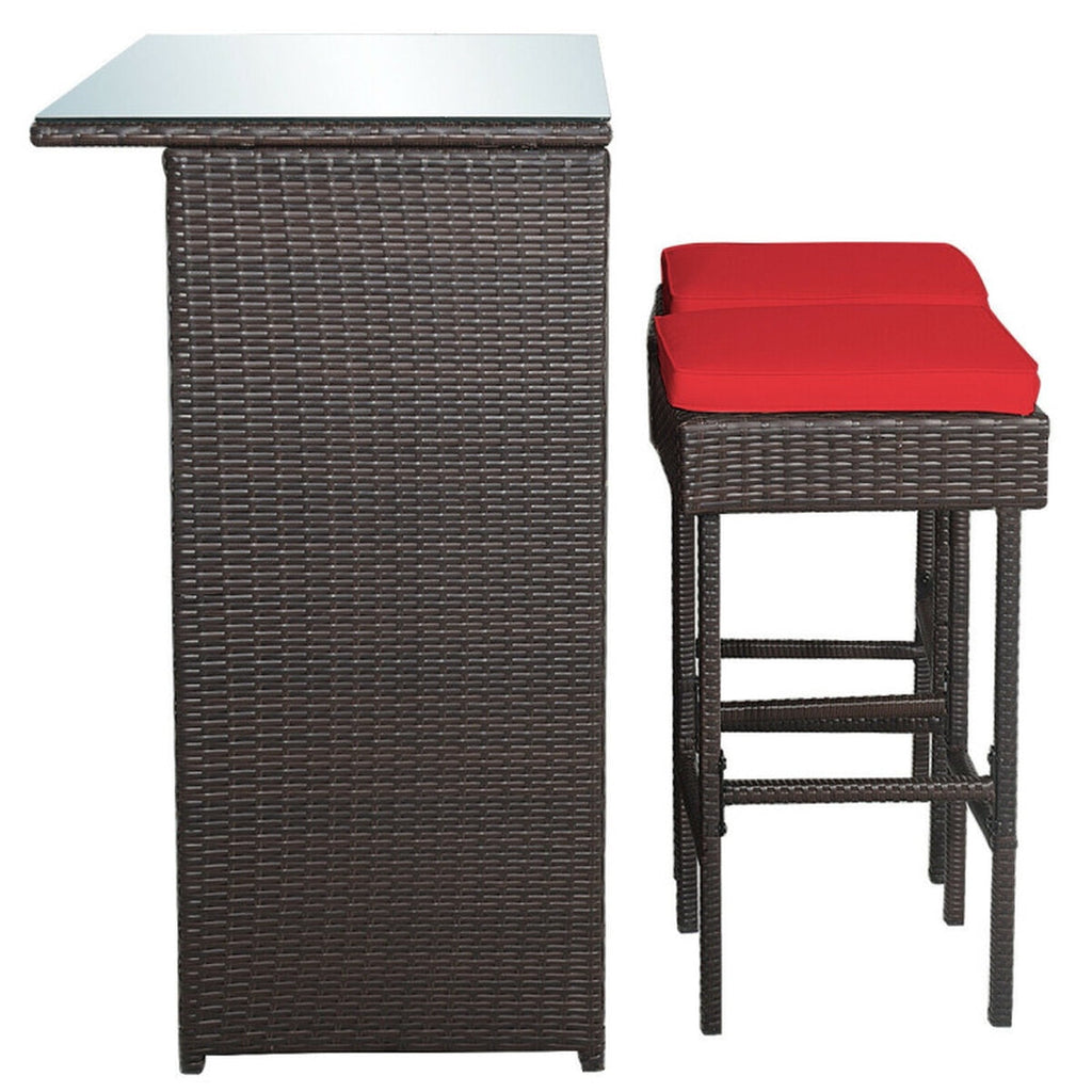 Biotree 3-Piece Patio Rattan Bar Set with Glass Table and Cushioned Stools, Red - Outdoor Patio Bar Height Furniture Set for Deck Garden