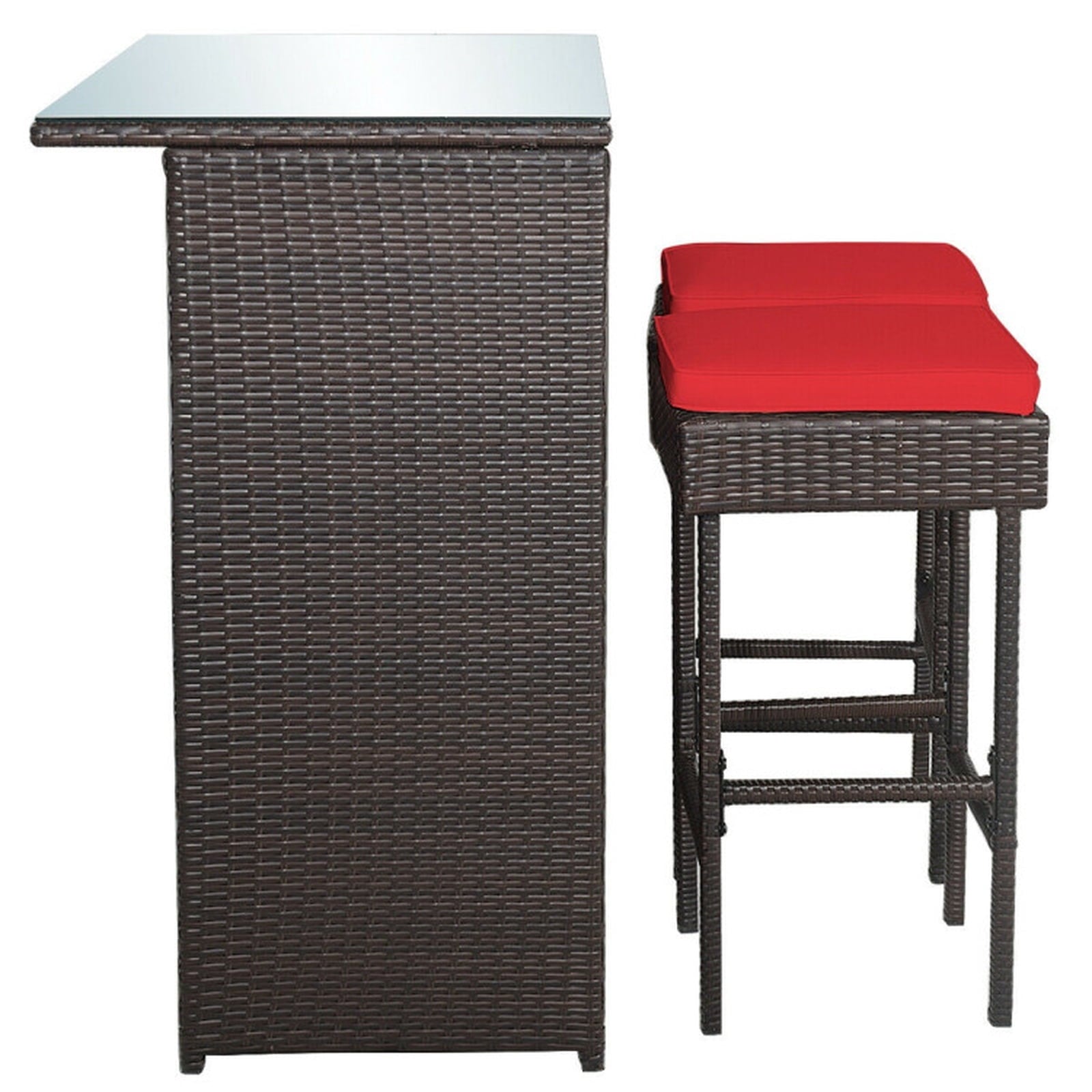 Biotree 3-Piece Patio Rattan Bar Set with Glass Table and Cushioned Stools, Red - Outdoor Patio Bar Height Furniture Set for Deck Garden