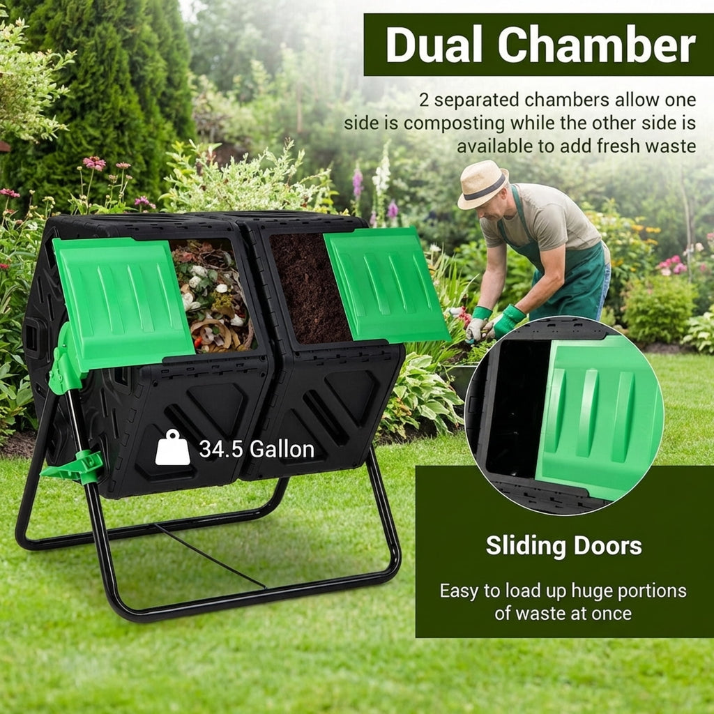 Biotree Dual Chamber Garden Compost Tumbler with Sliding Doors-Black and Green Outdoor Organic Yard Waste