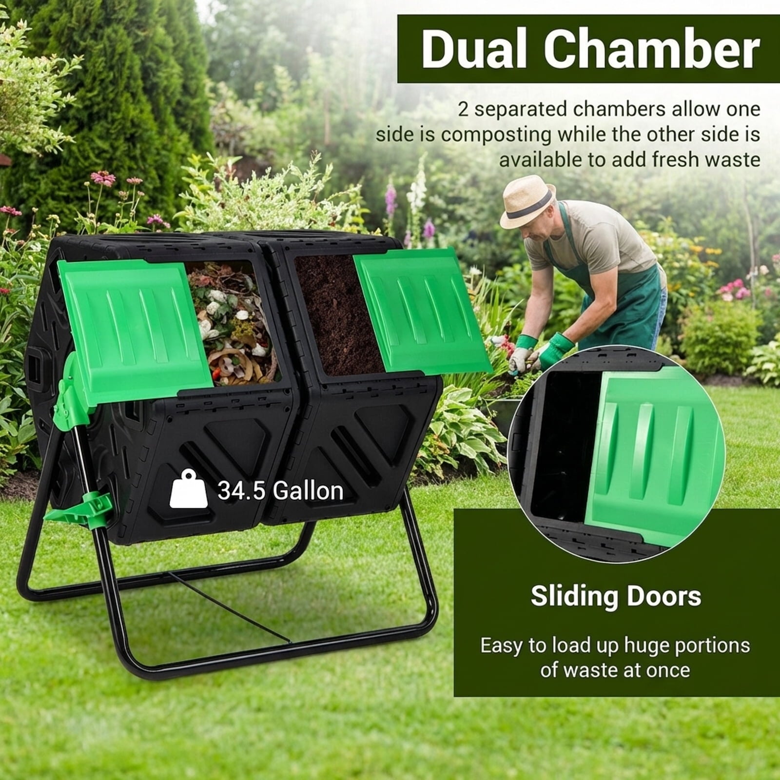 Biotree Dual Chamber Garden Compost Tumbler with Sliding Doors-Black and Green Outdoor Organic Yard Waste