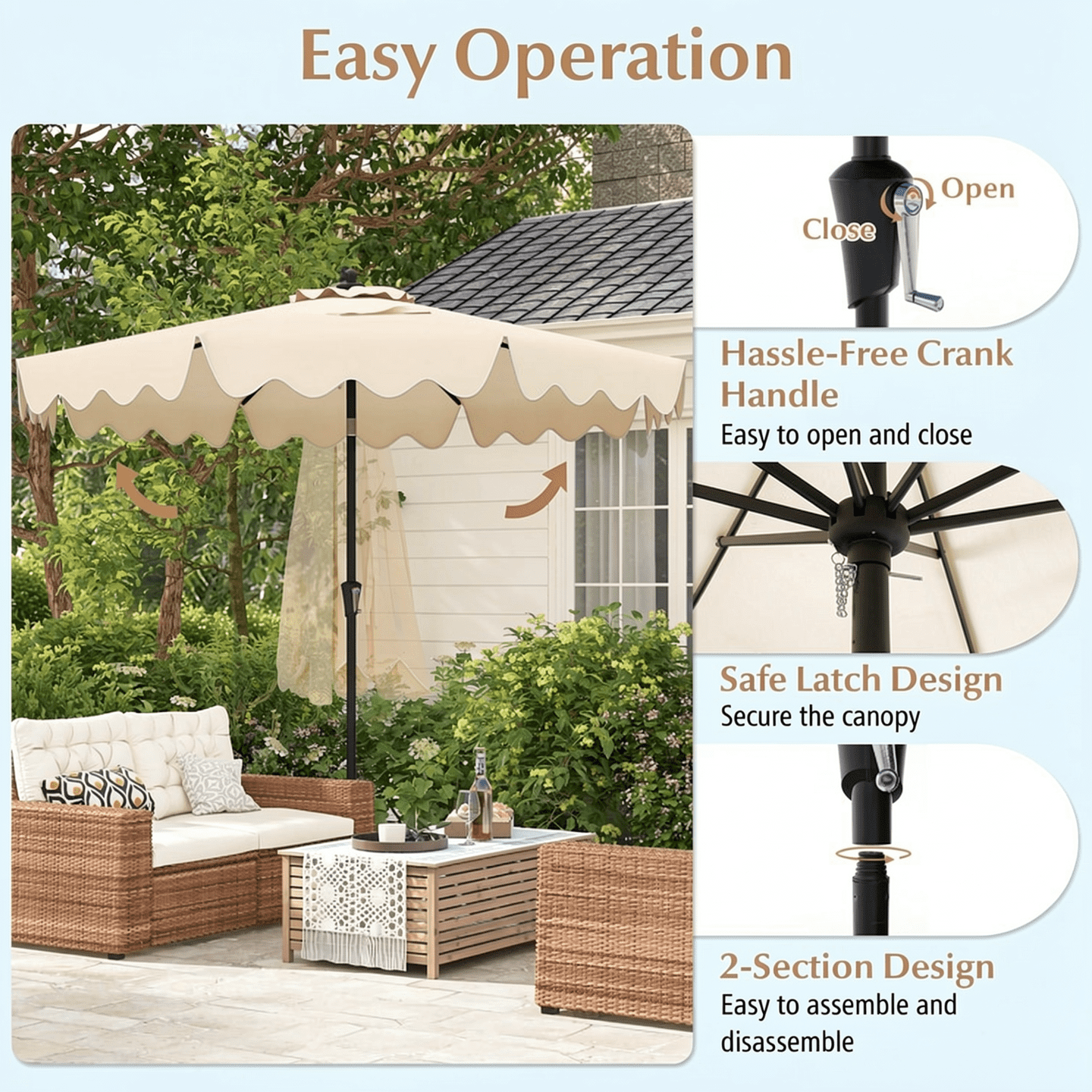 Biotree 9 Feet Patio Umbrella with Crank Handle and Push Button Tilt-Beige - Outdoor Patio Garden Sun Shade