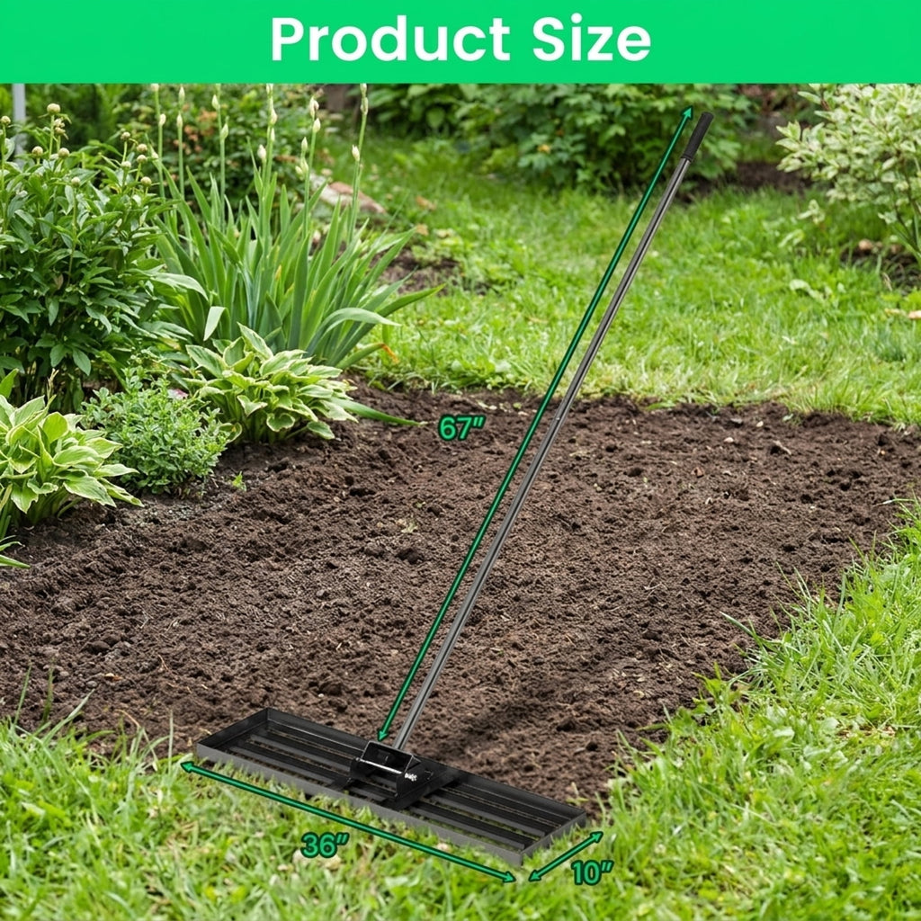 Biotree 36 x 10 Inch Lawn Leveling Rake with Ergonomic Handle for Lawn Garden Yard Soil Care, Black