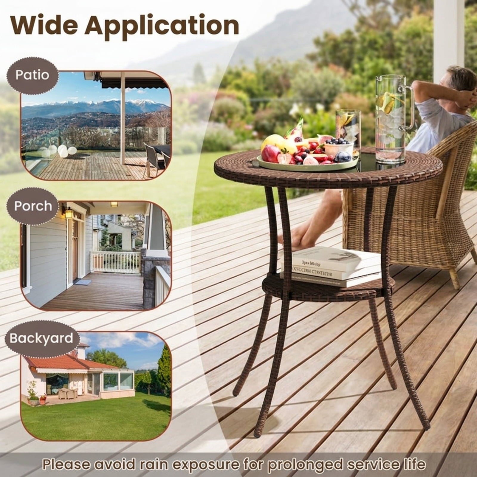 Biotree 25.5-Inch PE Wicker Patio Bistro Table Round with Tempered Glass Top and Shelf, Black