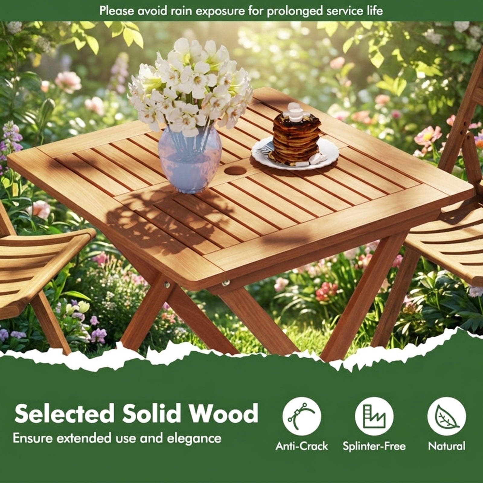 Biotree 29.5 Inch x 29.5 Inch Patio Dining Table with Teak Painting and Umbrella Hole, Teak