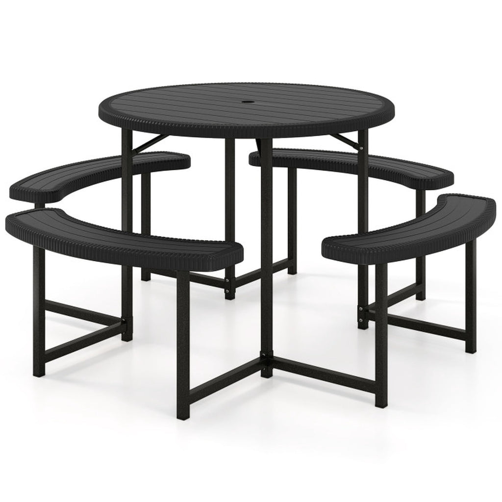 Biotree 62-Inch Round Picnic Table Bench Set with 4 Benches and Umbrella Hole for Patio Lawn, Black