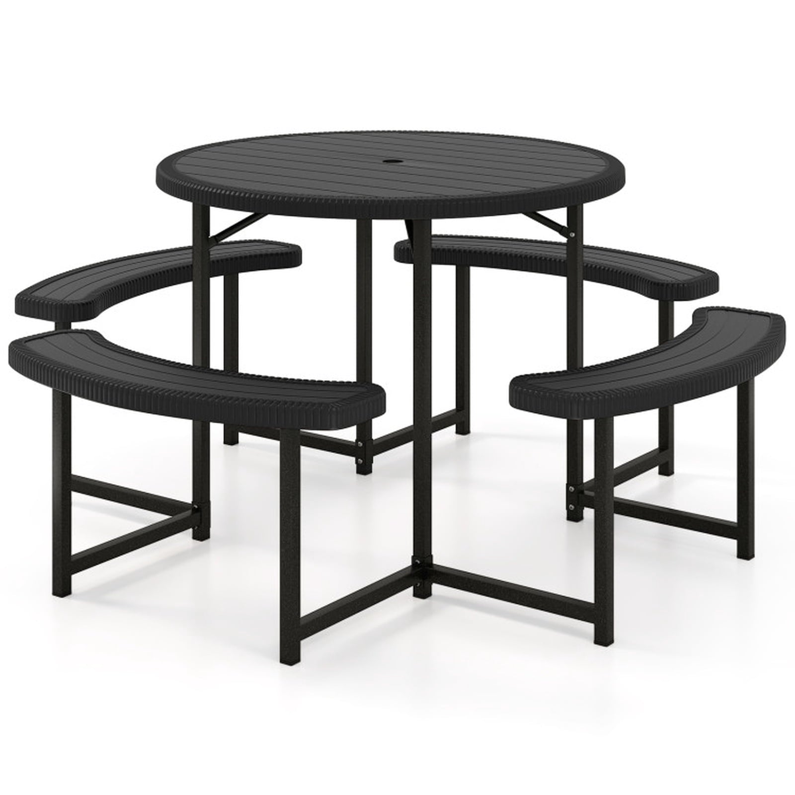 Biotree 62-Inch Round Picnic Table Bench Set with 4 Benches and Umbrella Hole for Patio Lawn, Black