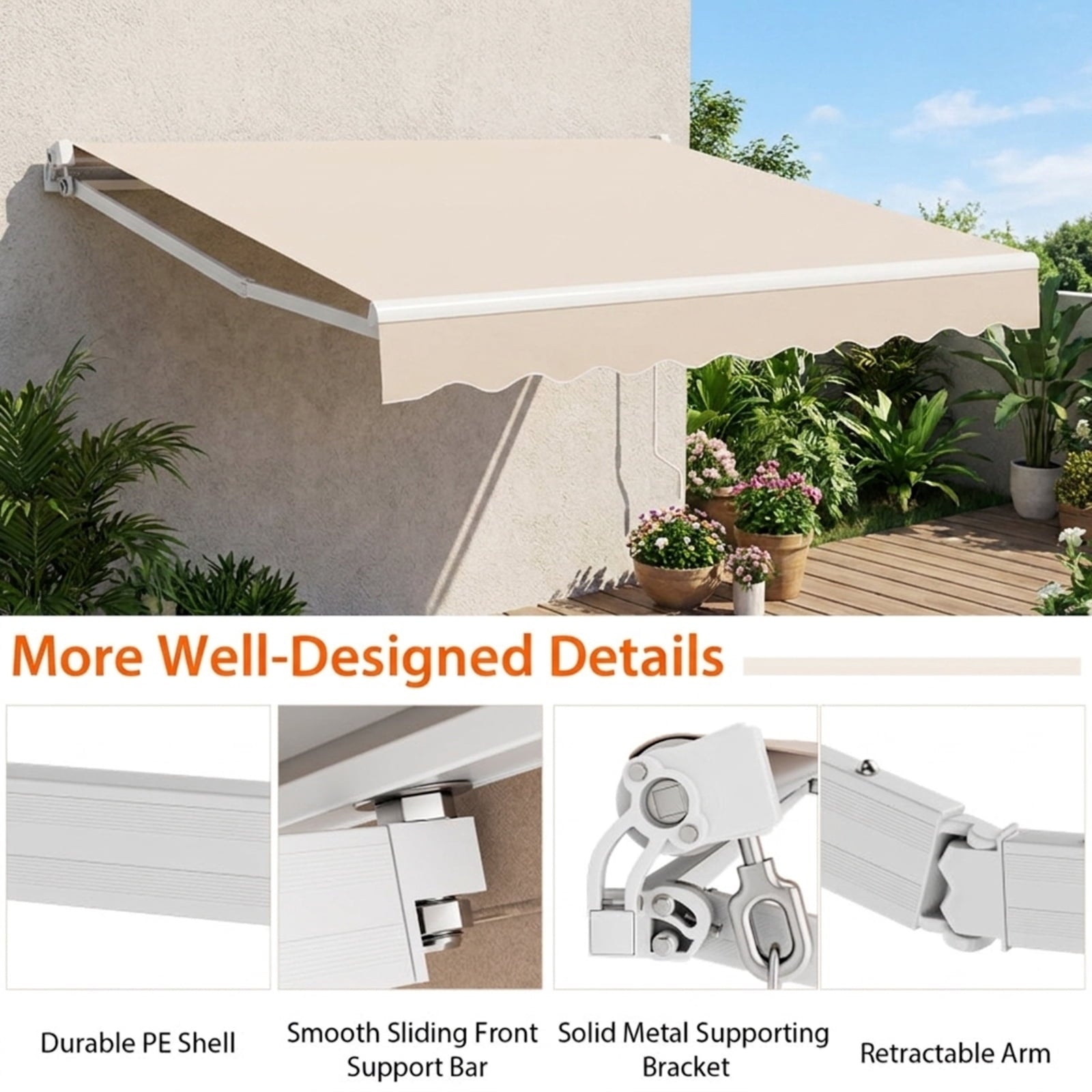 Biotree 12 x 10 Feet Patio Retractable Awning Aluminum Sunshade Shelter for Patio Deck Door Window Sun Rain Protection, Beige