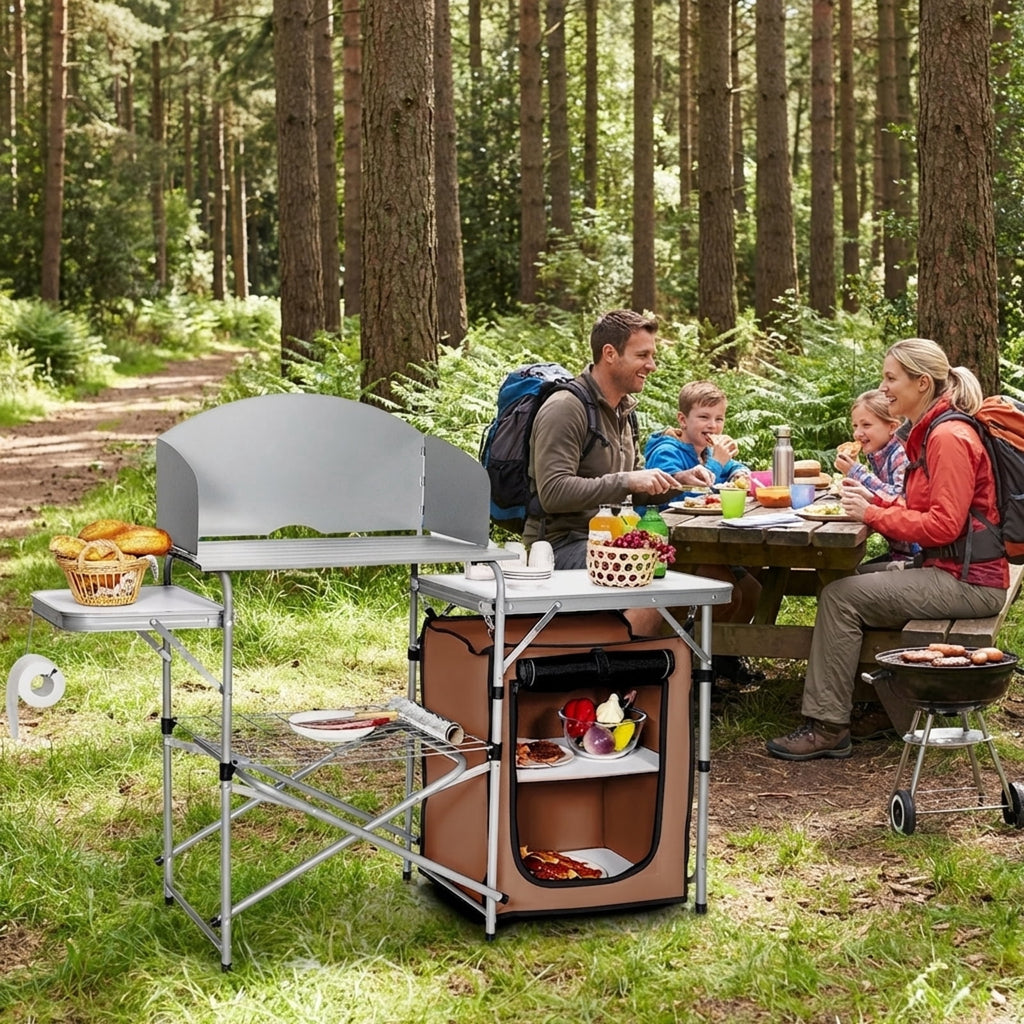 Biotree Foldable Outdoor BBQ Portable Grilling Table with Windscreen and Carry Bag Camping Grill Table for Cooking, Silver