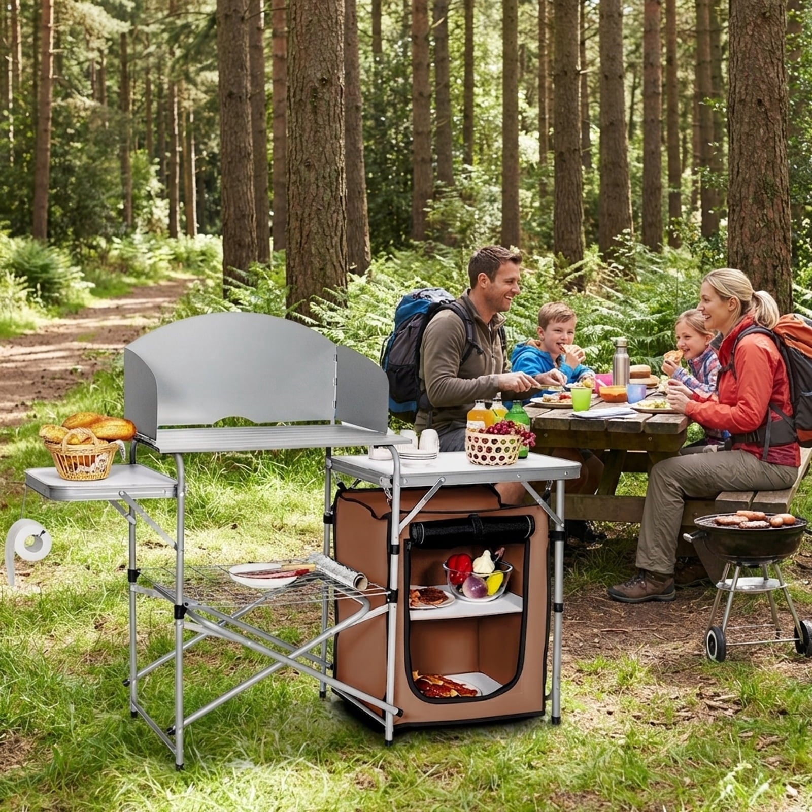 Biotree Foldable Outdoor BBQ Portable Grilling Table with Windscreen and Carry Bag Camping Grill Table for Cooking, Silver