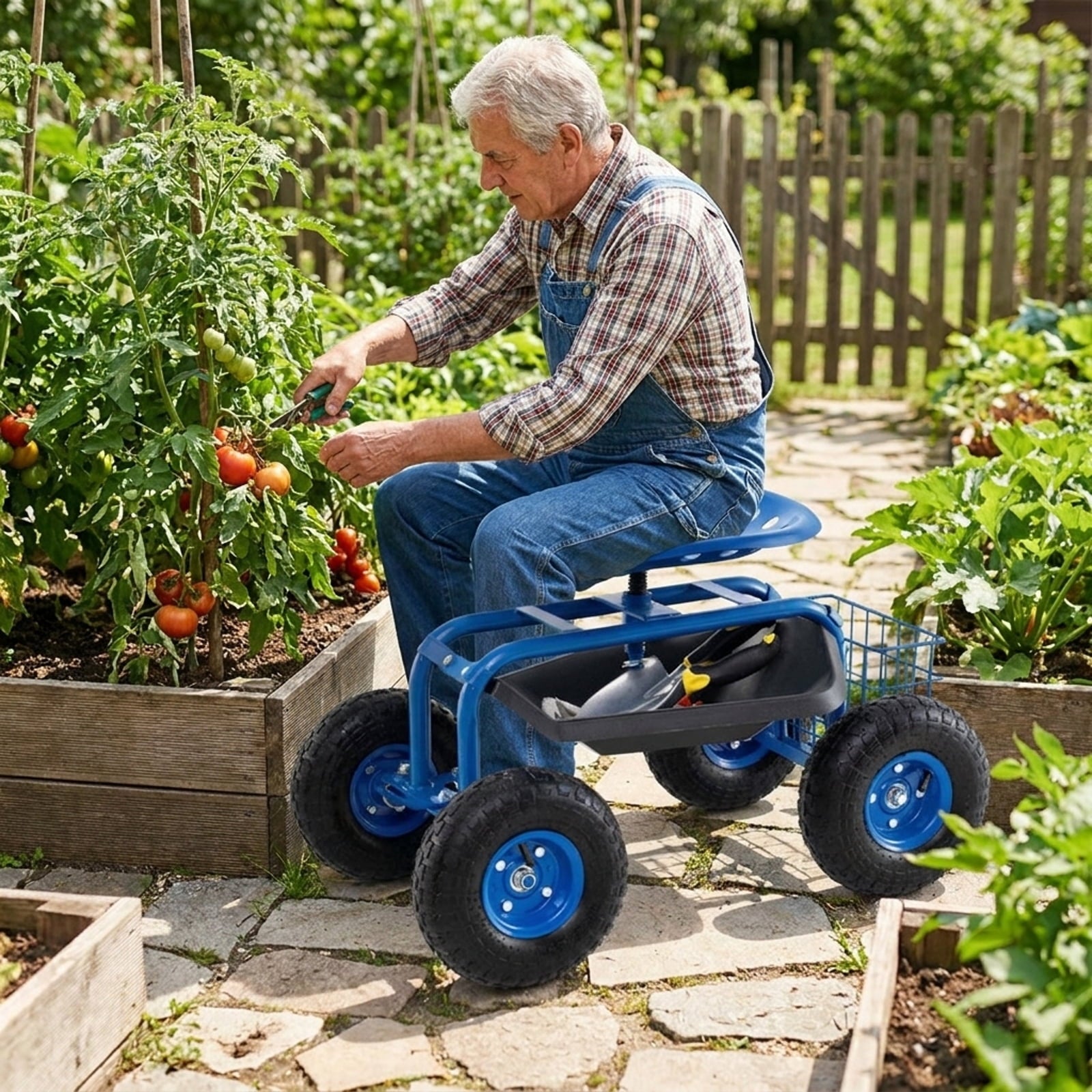 Biotree 4-Wheel Rolling Garden Cart Work Seat for Garden Yard Lawn Work Outdoor, Blue