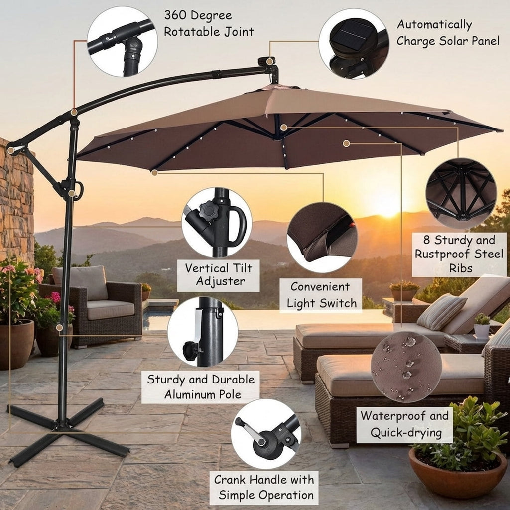 Biotree 10 ft 360¡ã Rotation Solar Powered LED Patio Offset Umbrella without Weight Base-Tan Outdoor Backyard