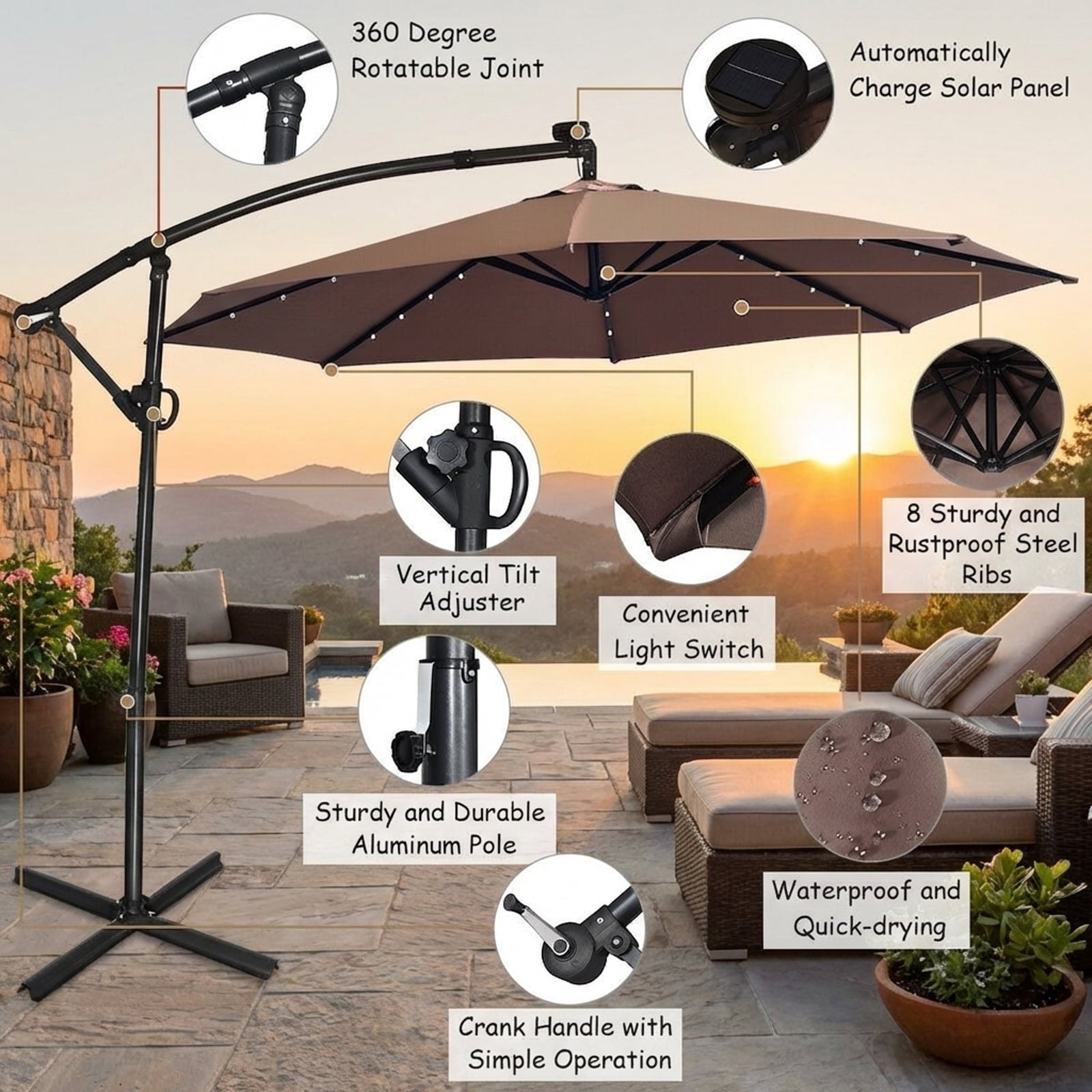 Biotree 10 ft 360¡ã Rotation Solar Powered LED Patio Offset Umbrella without Weight Base-Tan Outdoor Backyard